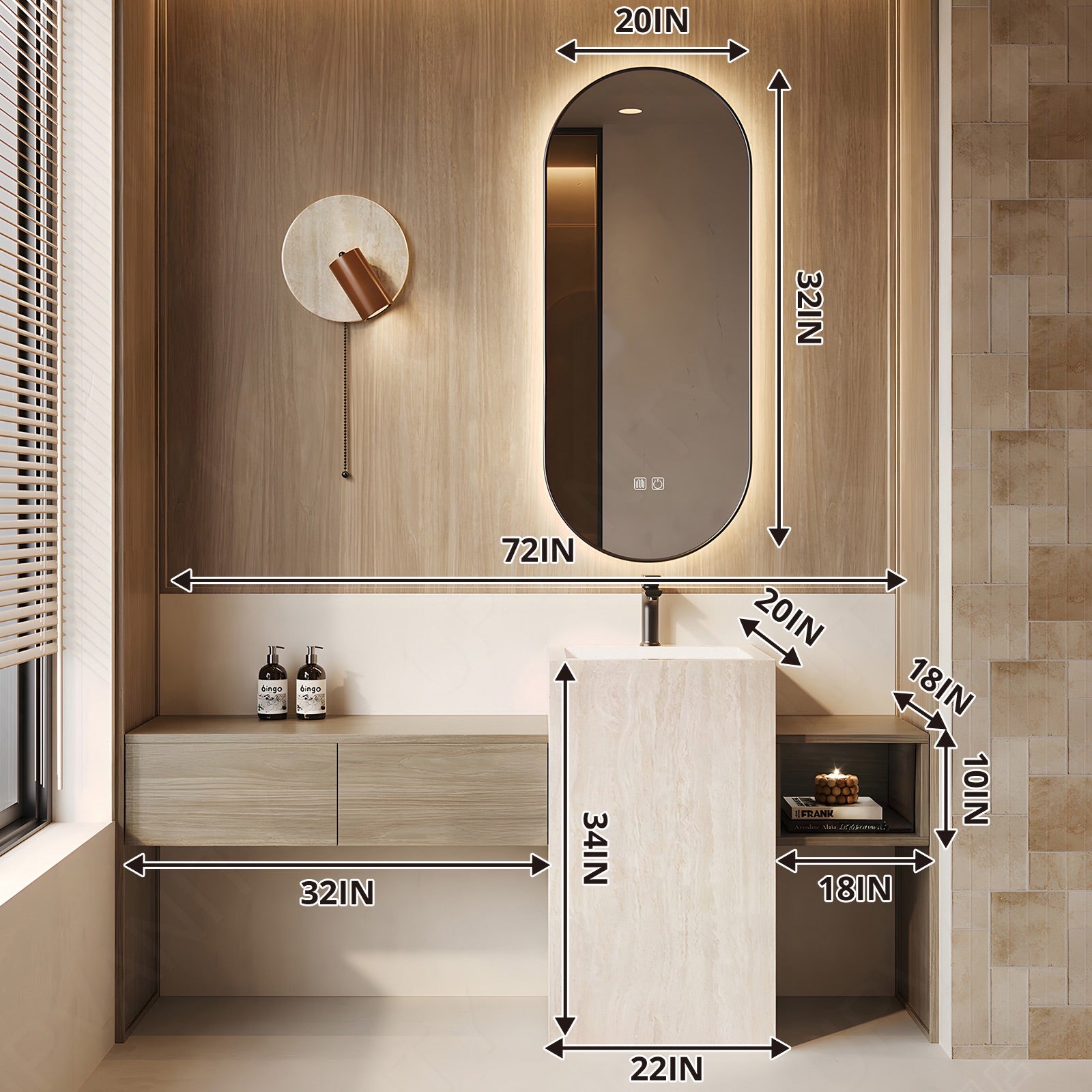 Modern Bath Vanity Set, Natural, White Column, 64"- 76", Single, Freestanding, Open Storage, Oval Smart LED Mirror