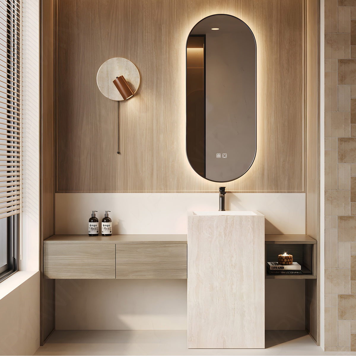 Modern Bath Vanity Set, Natural, White Column, 64"- 76", Single, Freestanding, Open Storage, Oval Smart LED Mirror