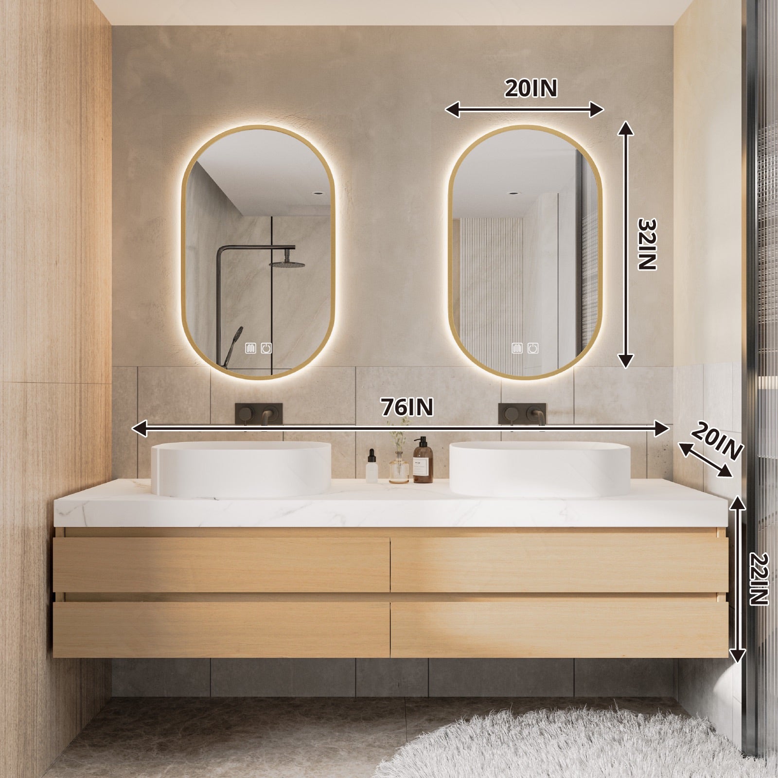 Modern Bath Vanity Set, Natural, White Marble Textured Top, 56"-78", Double, Floating, Vessel Sink, Oval Smart LED Mirror