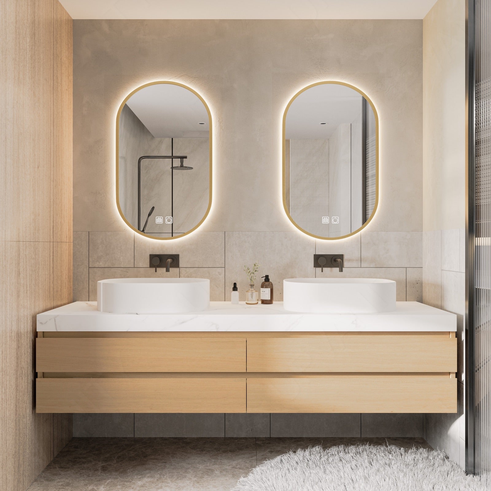 Modern Bath Vanity Set, Natural, White Marble Textured Top, 56"-78", Double, Floating, Vessel Sink, Oval Smart LED Mirror