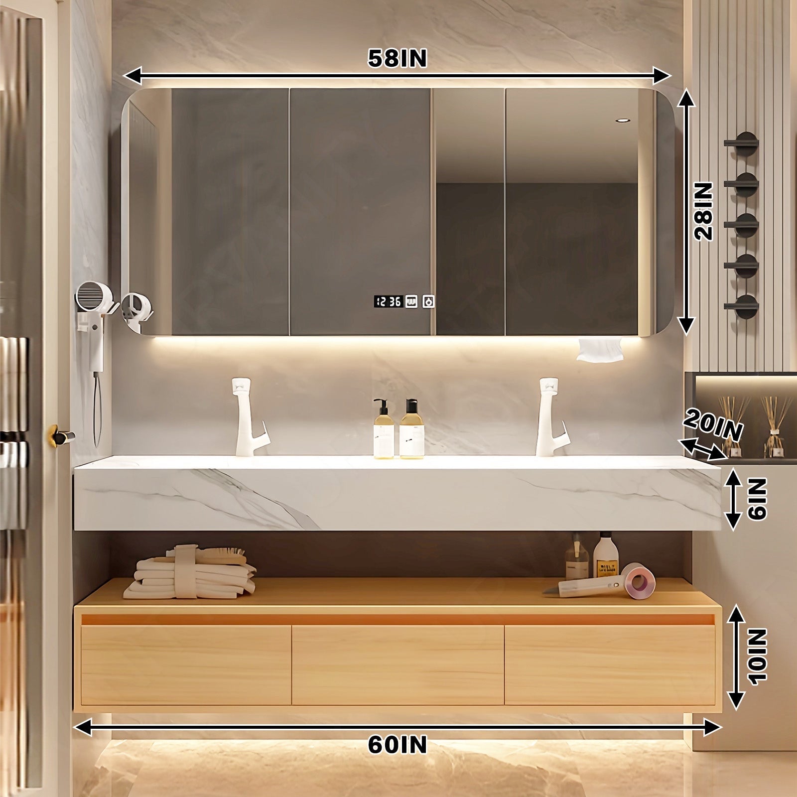 Modern Bath Vanity Set, Natural, White Marble Textured Top, Open Storage, 52"- 78", Double, Floating, Smart LED Mirror, Rear Cabinet