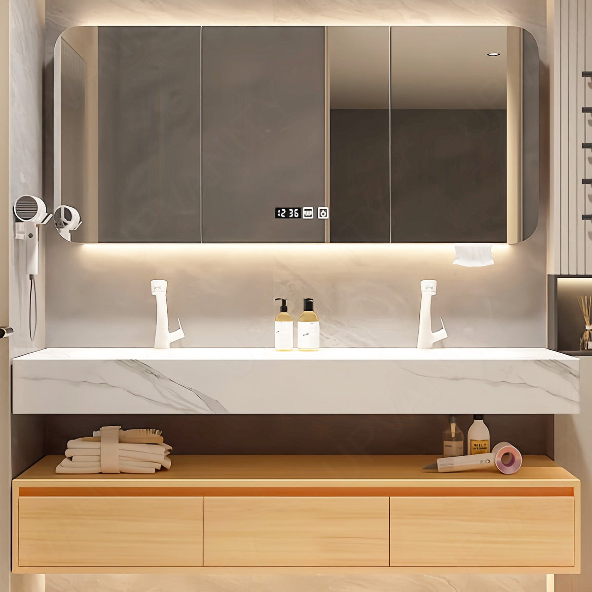Modern Bath Vanity Set, Natural, White Marble Textured Top, Open Storage, 52"- 78", Double, Floating, Smart LED Mirror, Rear Cabinet