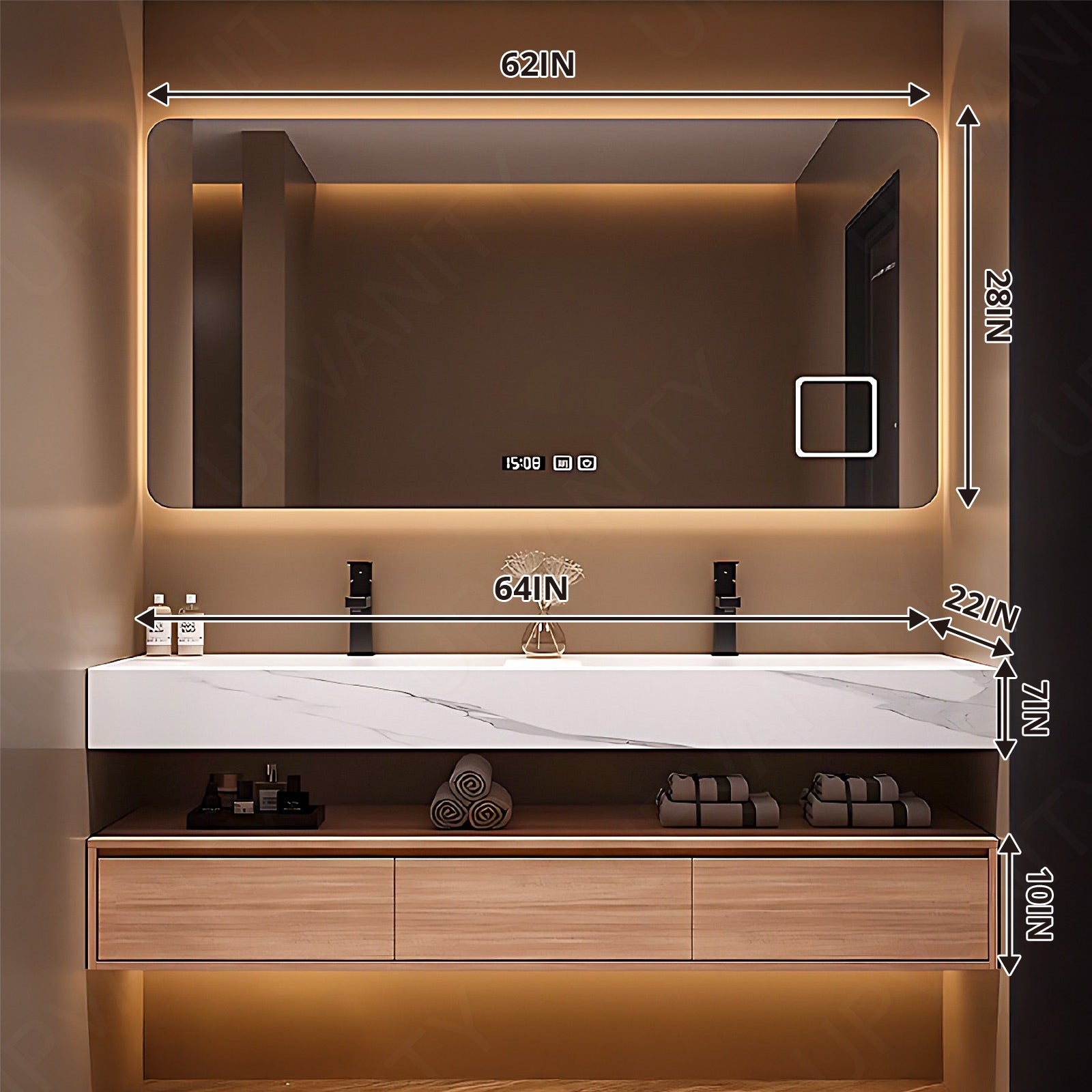 Modern Bath Vanity Set, Natural, White Marble Textured Top, Open Storage, 56"- 78", Double, Floating, Smart LED Mirror