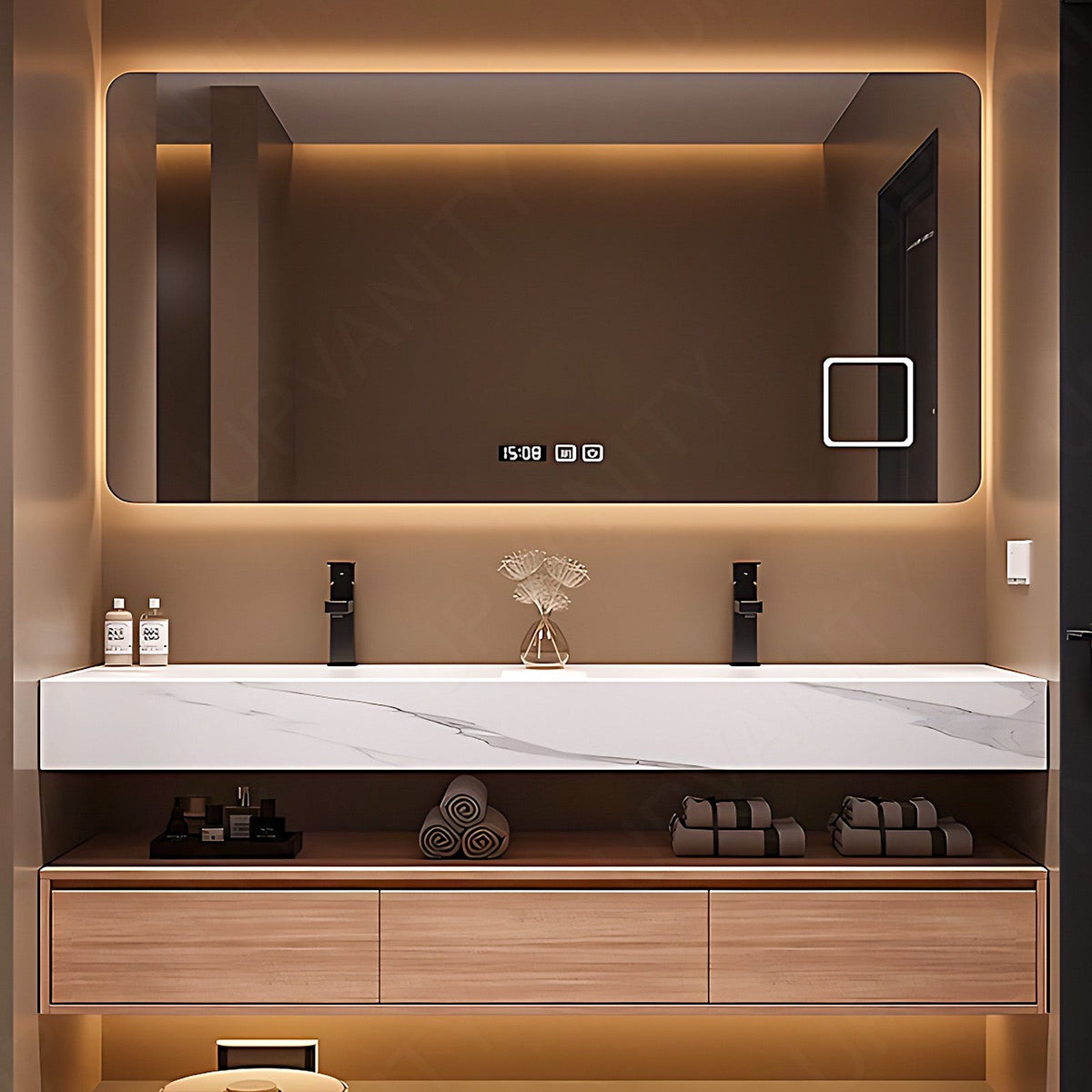 Modern Bath Vanity Set, Natural, White Marble Textured Top, Open Storage, 56"- 78", Double, Floating, Smart LED Mirror