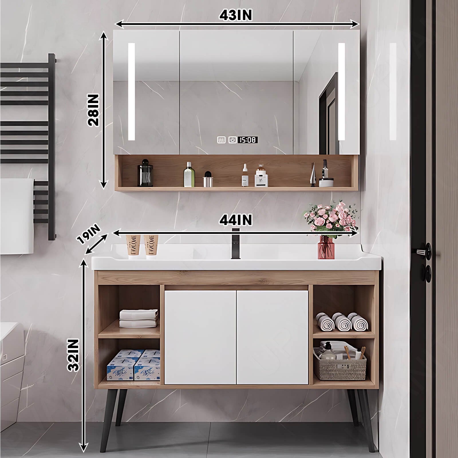 Modern Bath Vanity Set, Natural, White Slate Top, 24"-44", Single, Freestanding, Sectional Storage, Smart LED Mirror, Rear Cabinet