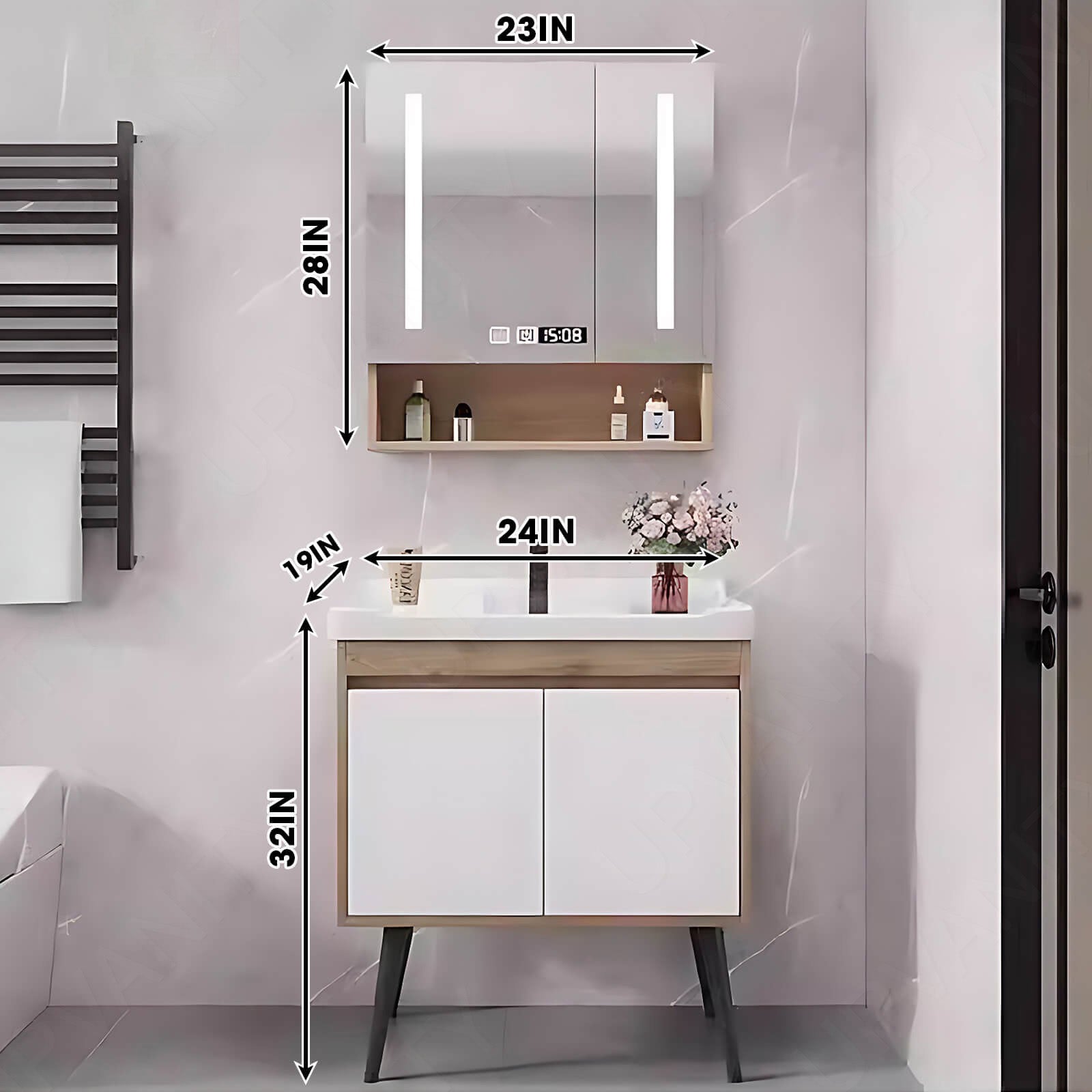 Modern Bath Vanity Set, Natural, White Slate Top, 24"-44", Single, Freestanding, Sectional Storage, Smart LED Mirror, Rear Cabinet