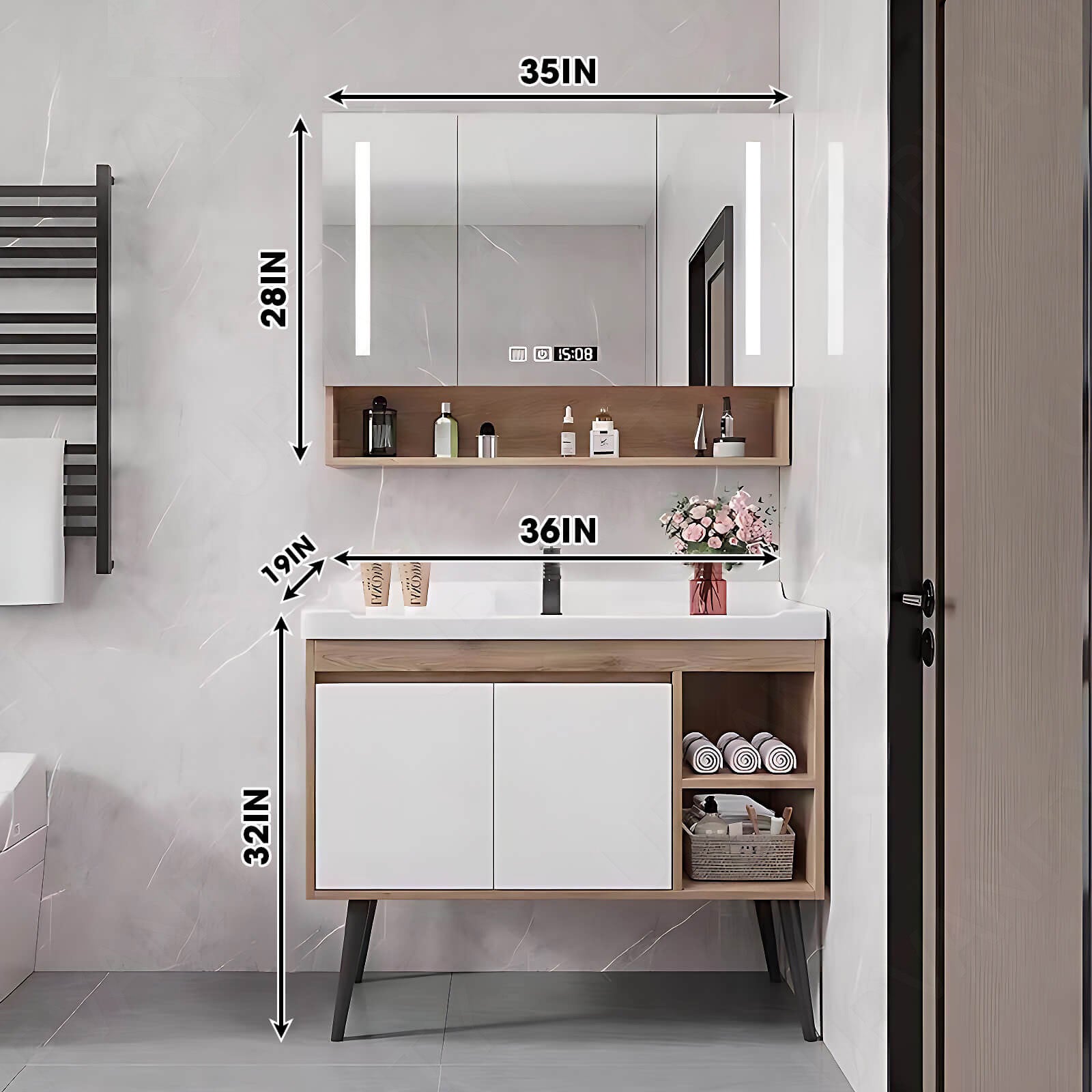 Modern Bath Vanity Set, Natural, White Slate Top, 24"-44", Single, Freestanding, Sectional Storage, Smart LED Mirror, Rear Cabinet