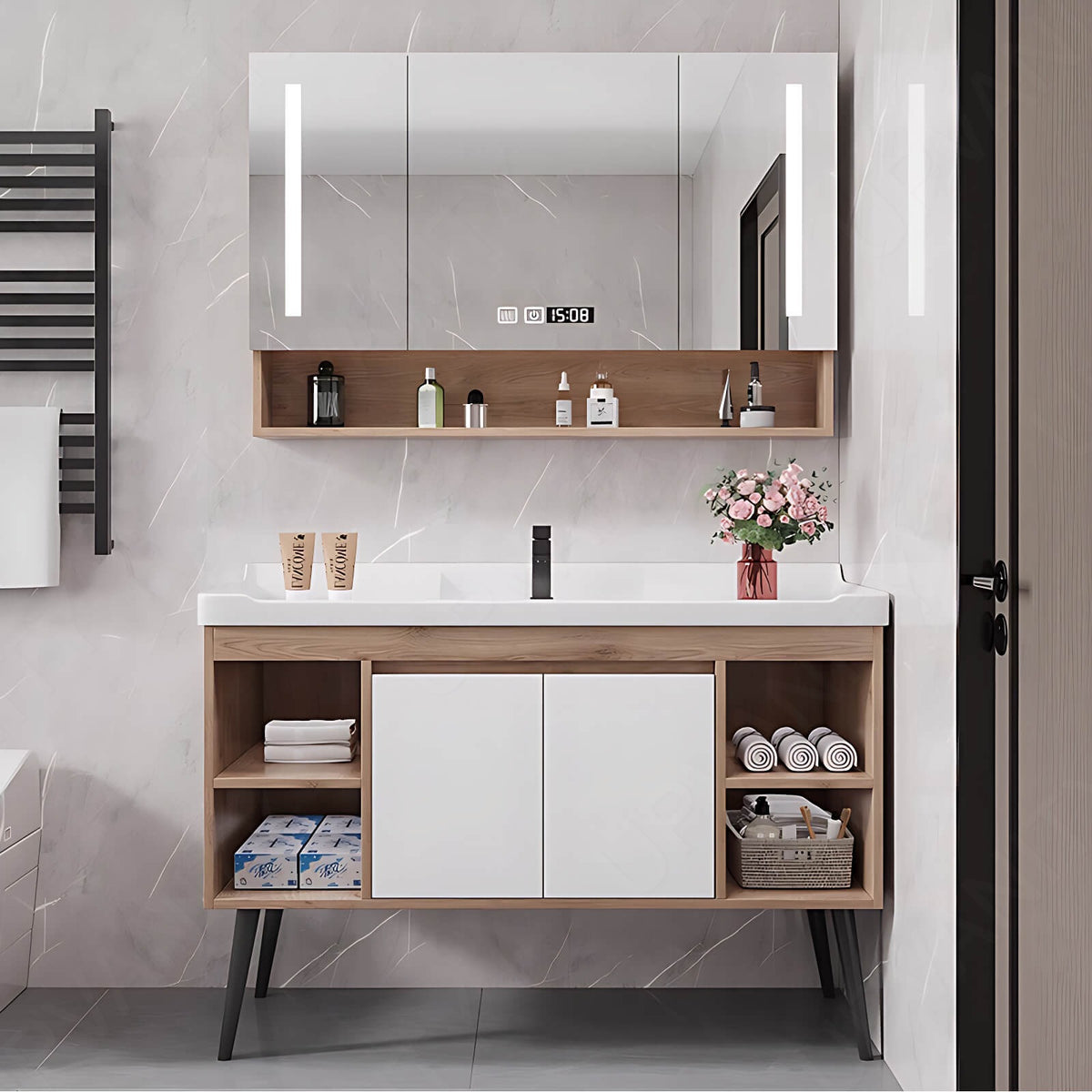 Modern Bath Vanity Set, Natural, White Slate Top, 24"-44", Single, Freestanding, Sectional Storage, Smart LED Mirror, Rear Cabinet