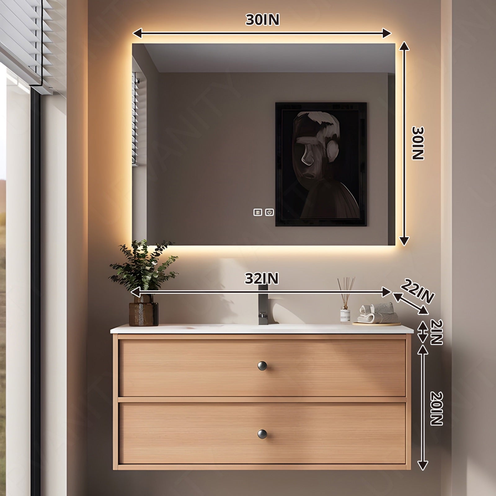 Modern Bath Vanity Set, Natural, White Slate Top, 32"-64", Single, Floating, Open Storage, Smart LED Mirror
