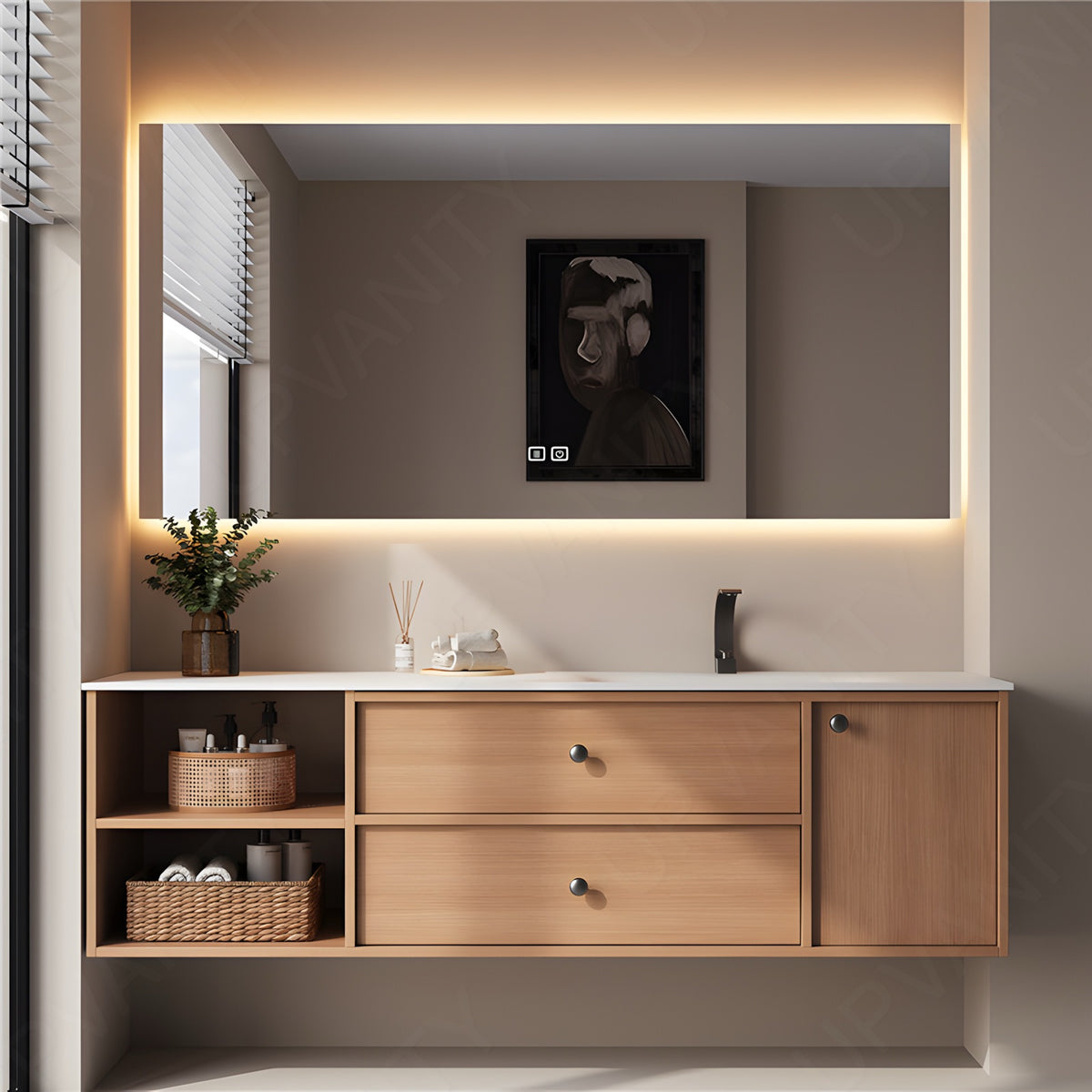 Modern Bath Vanity Set, Natural, White Slate Top, 32"-64", Single, Floating, Open Storage, Smart LED Mirror