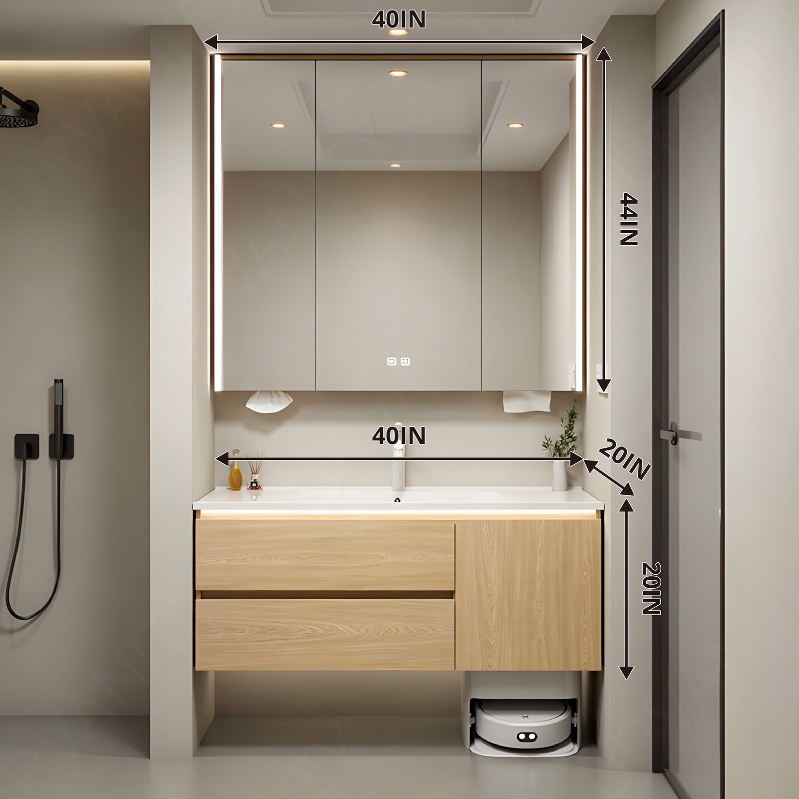 Modern Bath Vanity Set, Natural, White Slate Top, 36"-48", Single, Floating, Sensor Light, Smart LED Mirror, Rear Cabinet