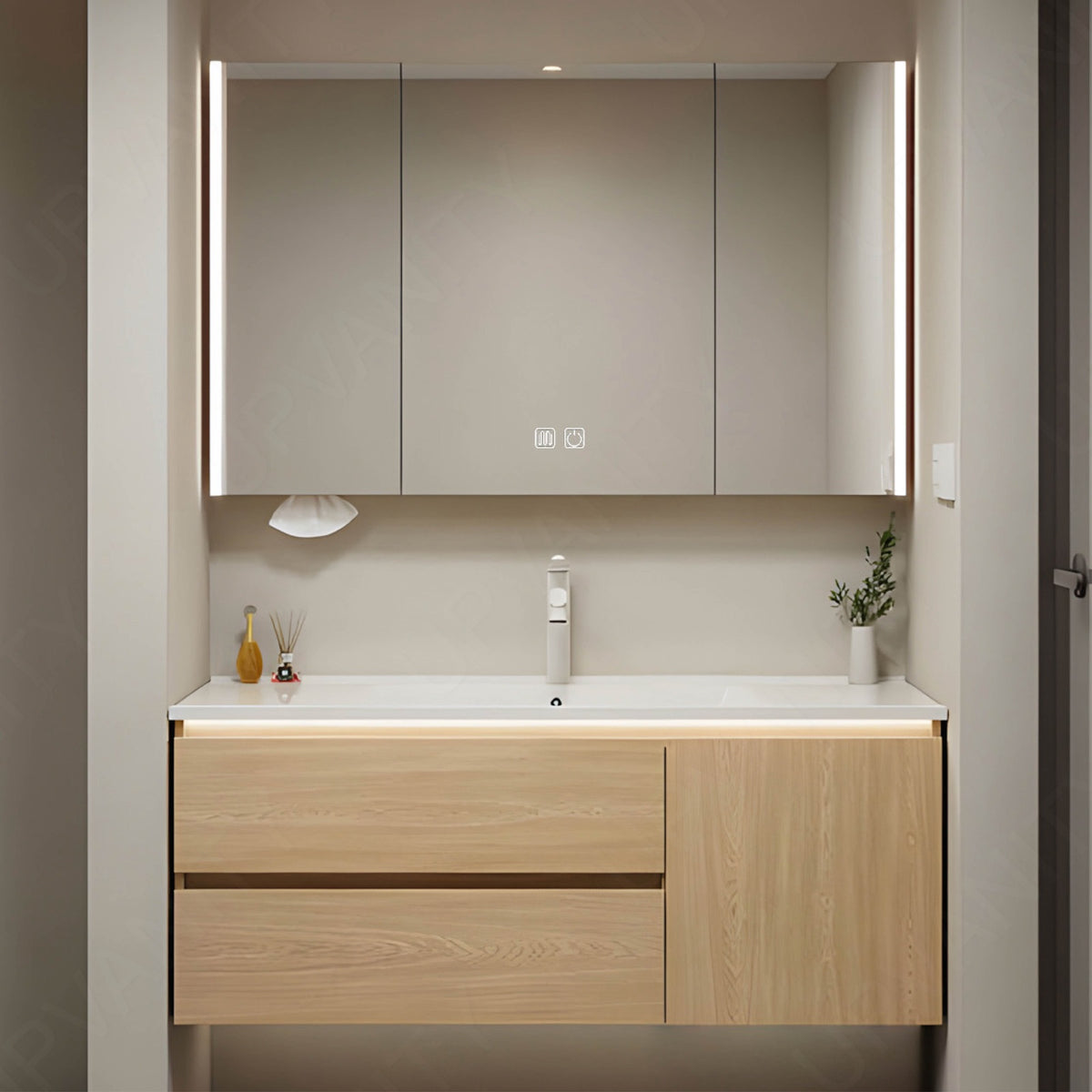 Modern Bath Vanity Set, Natural, White Slate Top, 36"-48", Single, Floating, Sensor Light, Smart LED Mirror, Rear Cabinet