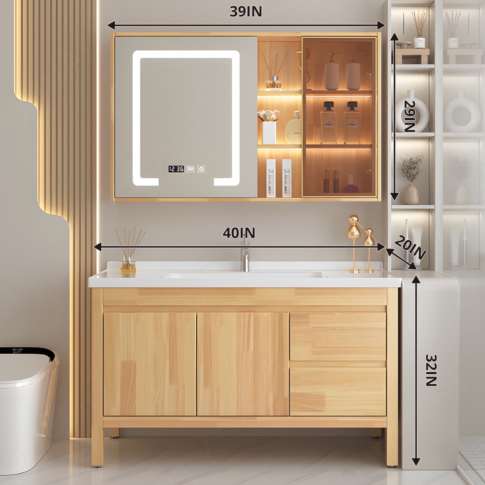 Modern Bath Vanity Set, Natural, White Slate Top, 40"-48", Single, Freestanding, Glass Door, Smart LED Mirror, Rear/Side Cabinet