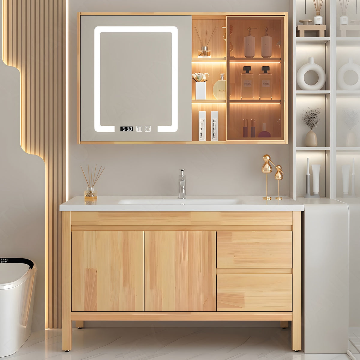 Modern Bath Vanity Set, Natural, White Slate Top, 40"-48", Single, Freestanding, Glass Door, Smart LED Mirror, Rear/Side Cabinet