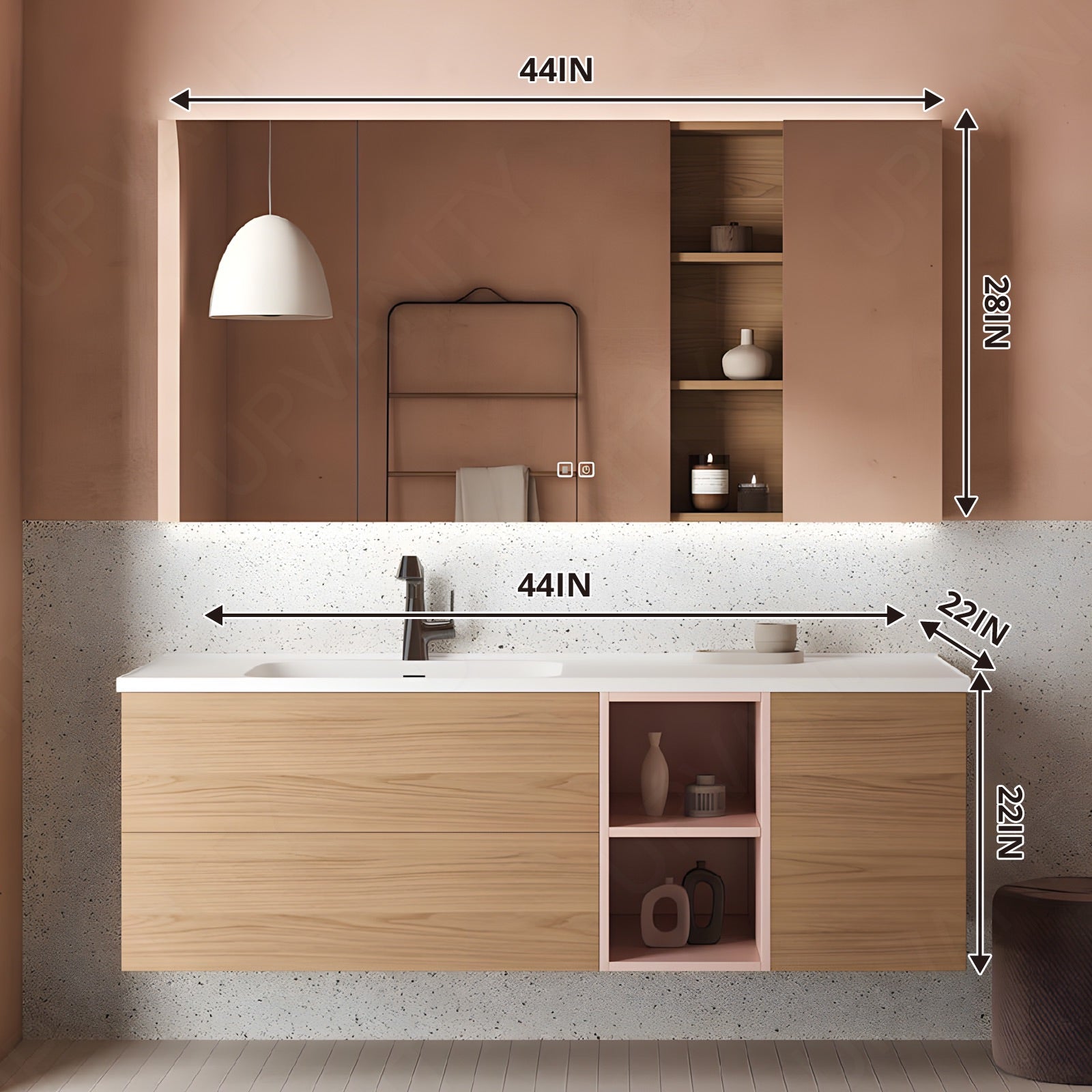 Modern Bath Vanity Set, Natural, White Slate Top, 40"-60", Single, Floating, Open Storage, Smart LED Mirror, Rear Cabinet