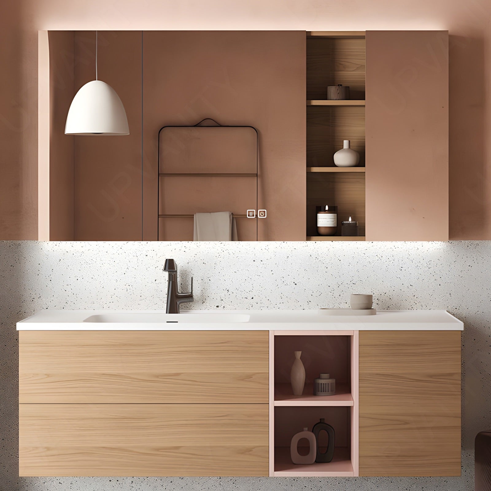 Modern Bath Vanity Set, Natural, White Slate Top, 40"-60", Single, Floating, Open Storage, Smart LED Mirror, Rear Cabinet
