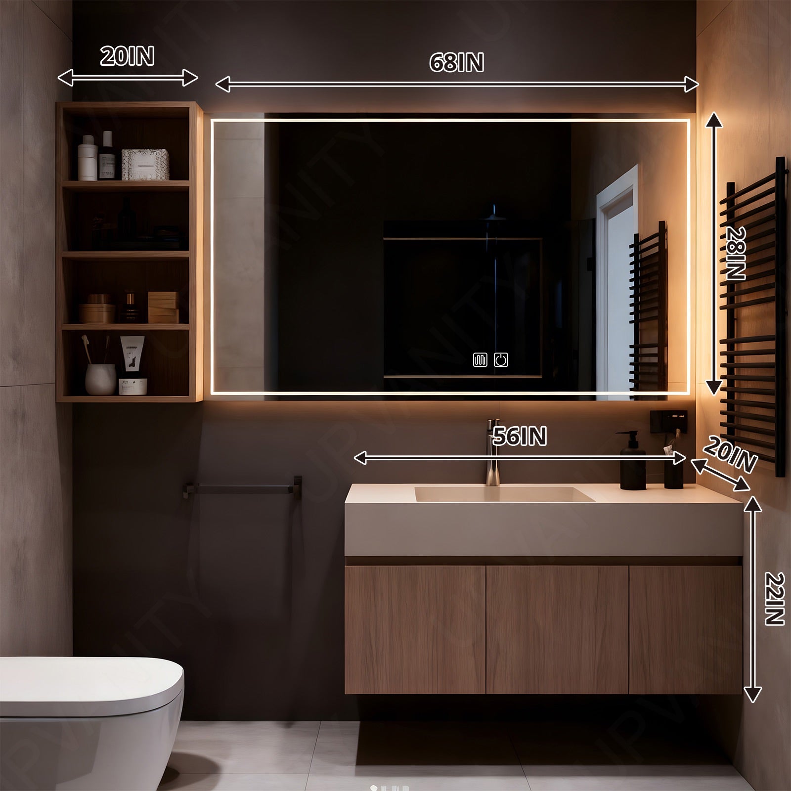 Modern Bath Vanity Set, Natural, White Slate Top, 40"-60", Single, Floating, Smart LED Mirror, Side Cabinet