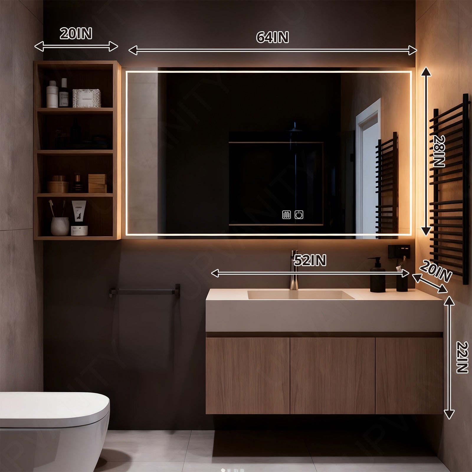 Modern Bath Vanity Set, Natural, White Slate Top, 40"-60", Single, Floating, Smart LED Mirror, Side Cabinet