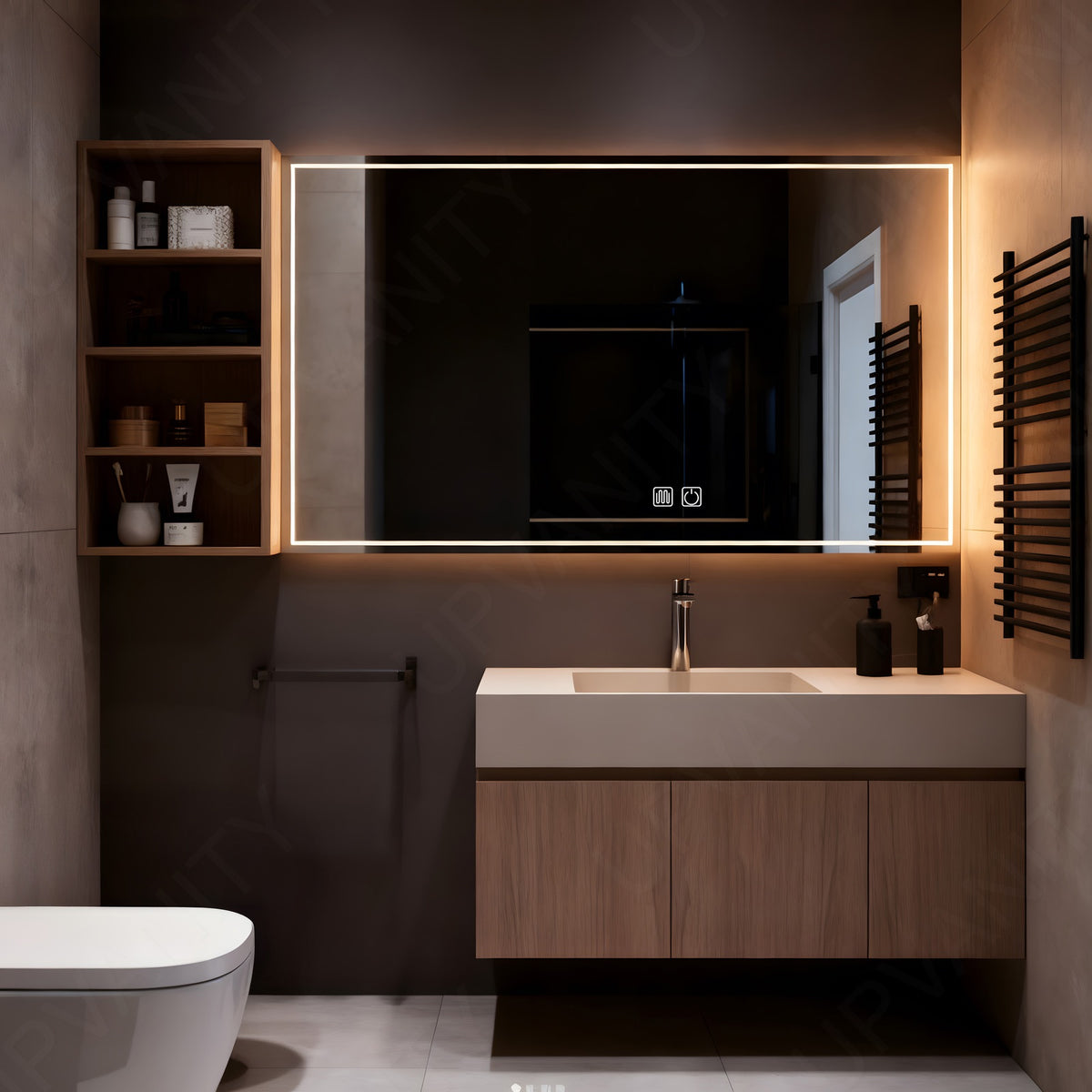 Modern Bath Vanity Set, Natural, White Slate Top, 40"-60", Single, Floating, Smart LED Mirror, Side Cabinet