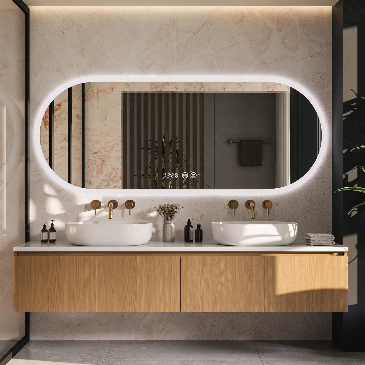 Modern Bath Vanity Set, Natural, White Slate Top, 40"-64", Double, Floating, Vessel Sink, Sectional Storage, Smart LED Mirror