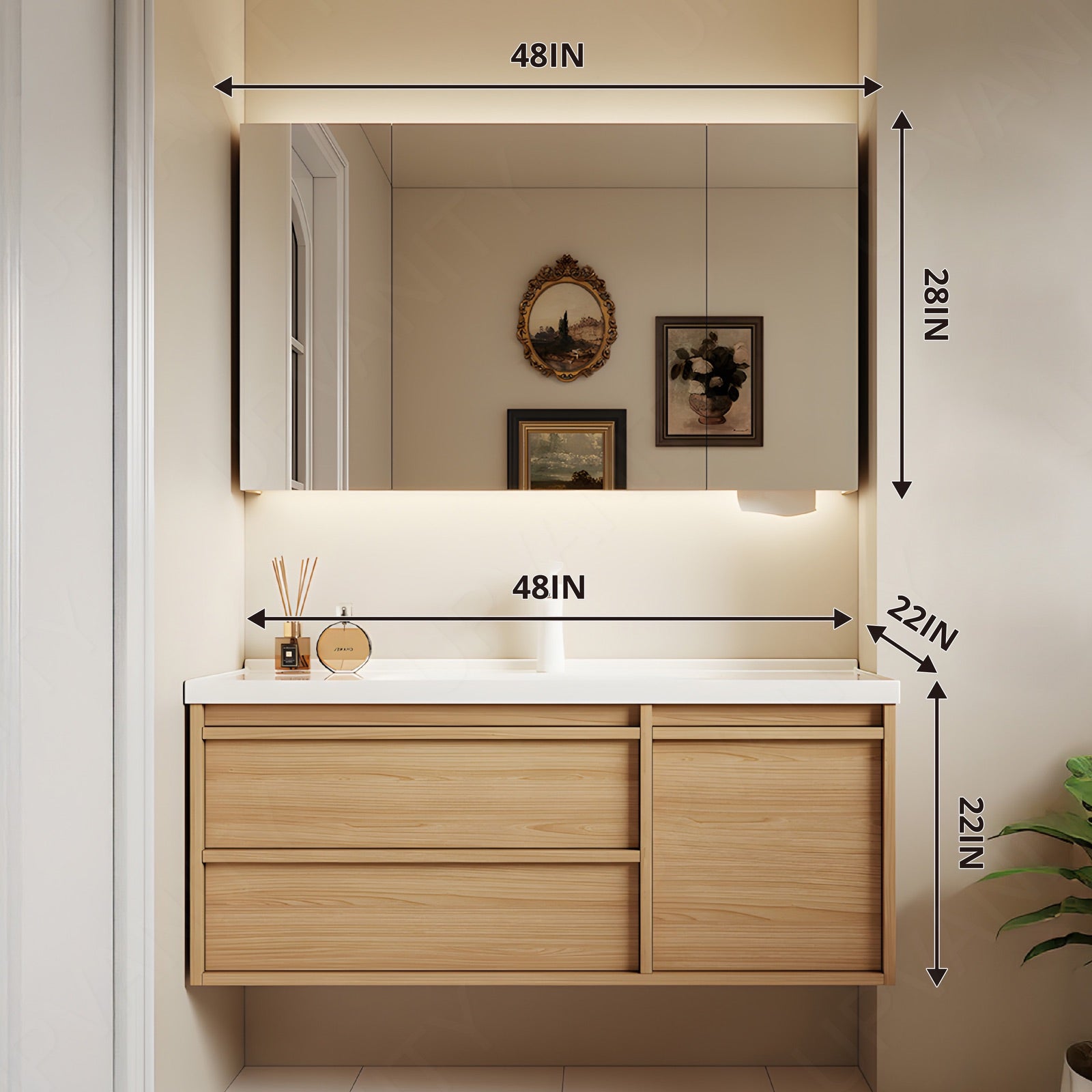 Modern Bath Vanity Set, Natural, White Slate Top, 40"-64", Single, Floating, Smart LED Mirror, Rear Cabinet