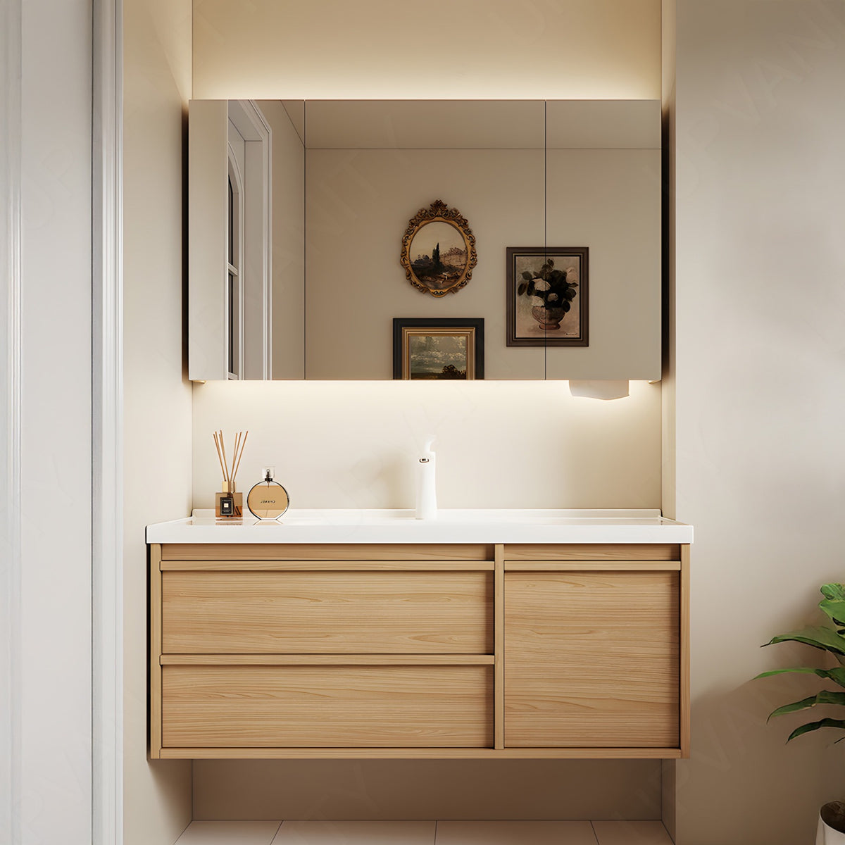 Modern Bath Vanity Set, Natural, White Slate Top, 40"-64", Single, Floating, Smart LED Mirror, Rear Cabinet