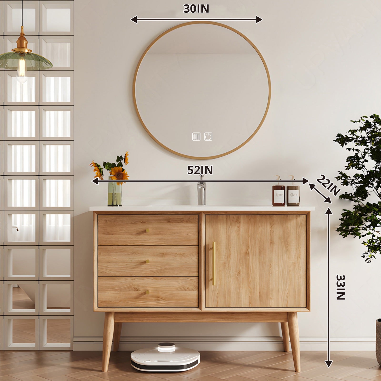 Modern Bath Vanity Set, Natural, White Slate Top, 40"-64", Single, Freestanding, Round Smart LED Mirror