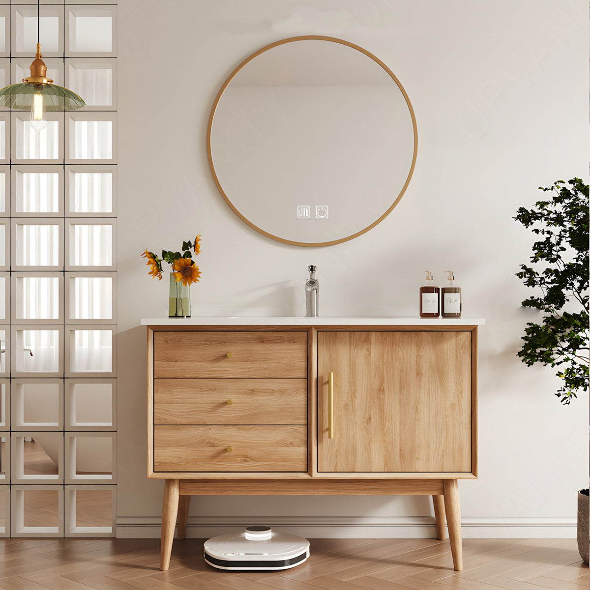 Modern Bath Vanity Set, Natural, White Slate Top, 40"-64", Single, Freestanding, Round Smart LED Mirror
