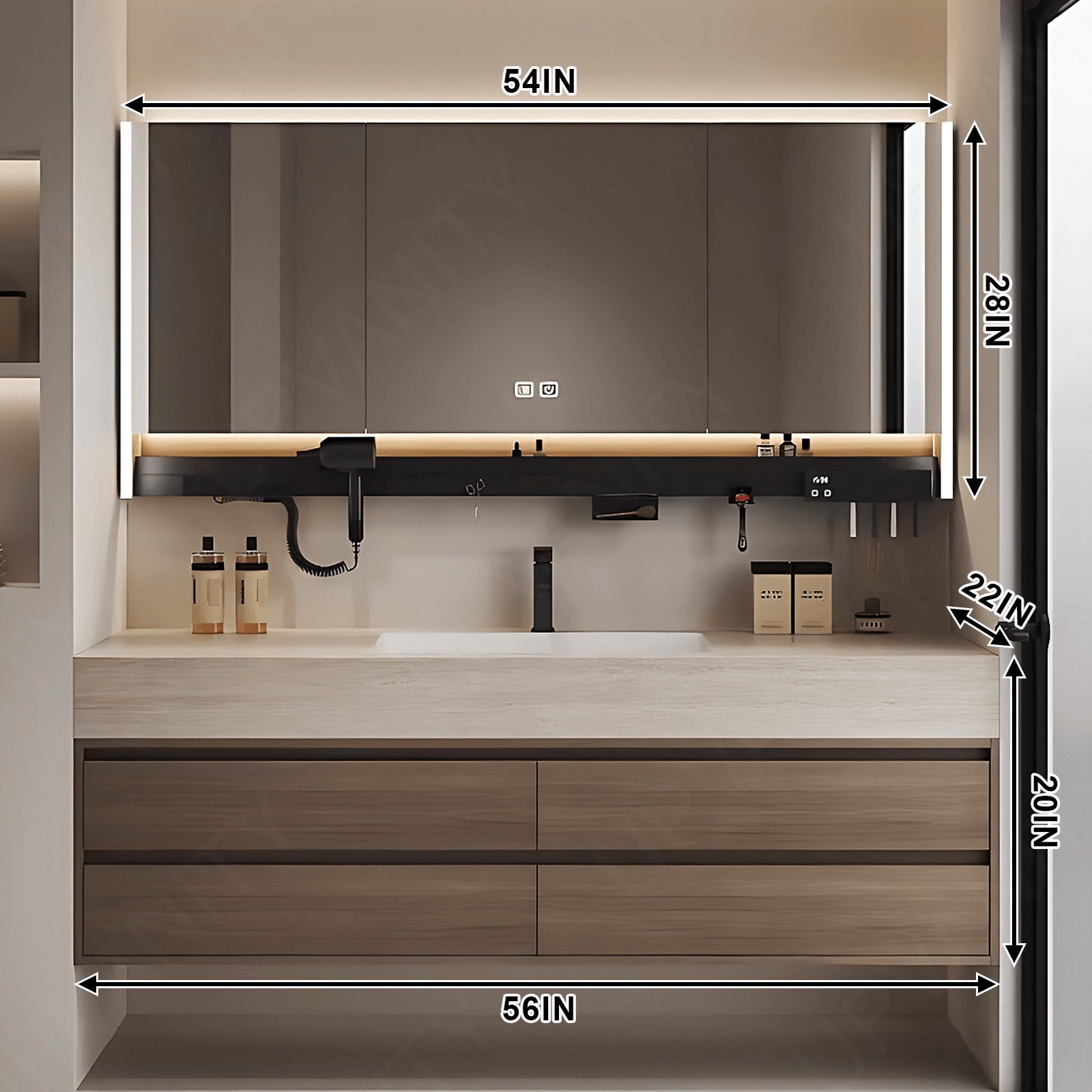 Modern Bath Vanity Set, Natural, White Slate Top, 40"- 72", Single, Floating, Smart LED Mirror, Rear Cabinet, Storage Rack