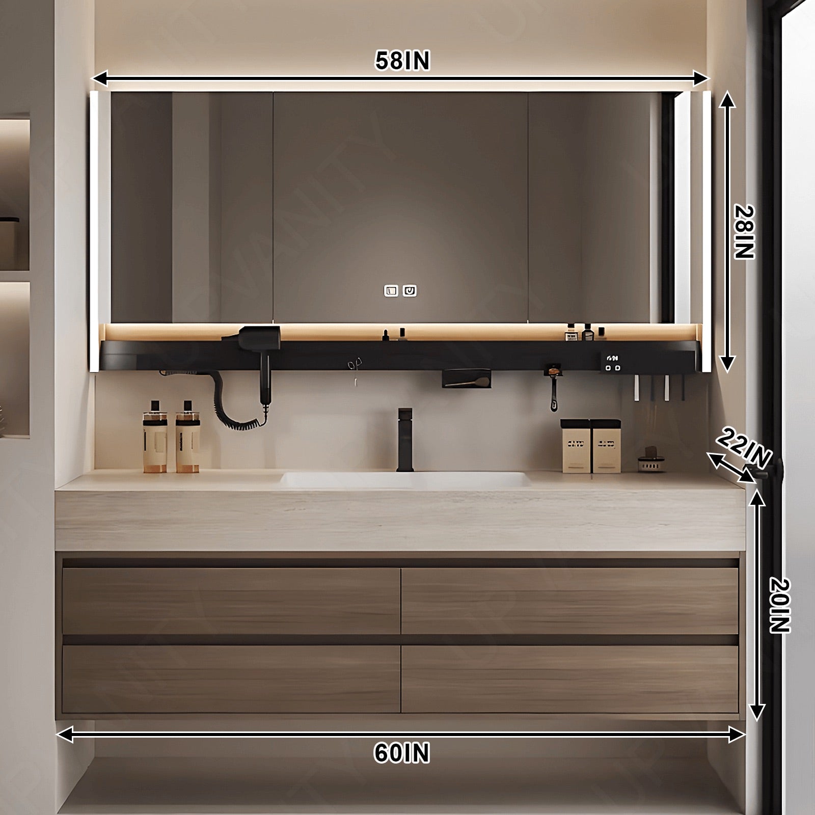 Modern Bath Vanity Set, Natural, White Slate Top, 40"- 72", Single, Floating, Smart LED Mirror, Rear Cabinet, Storage Rack