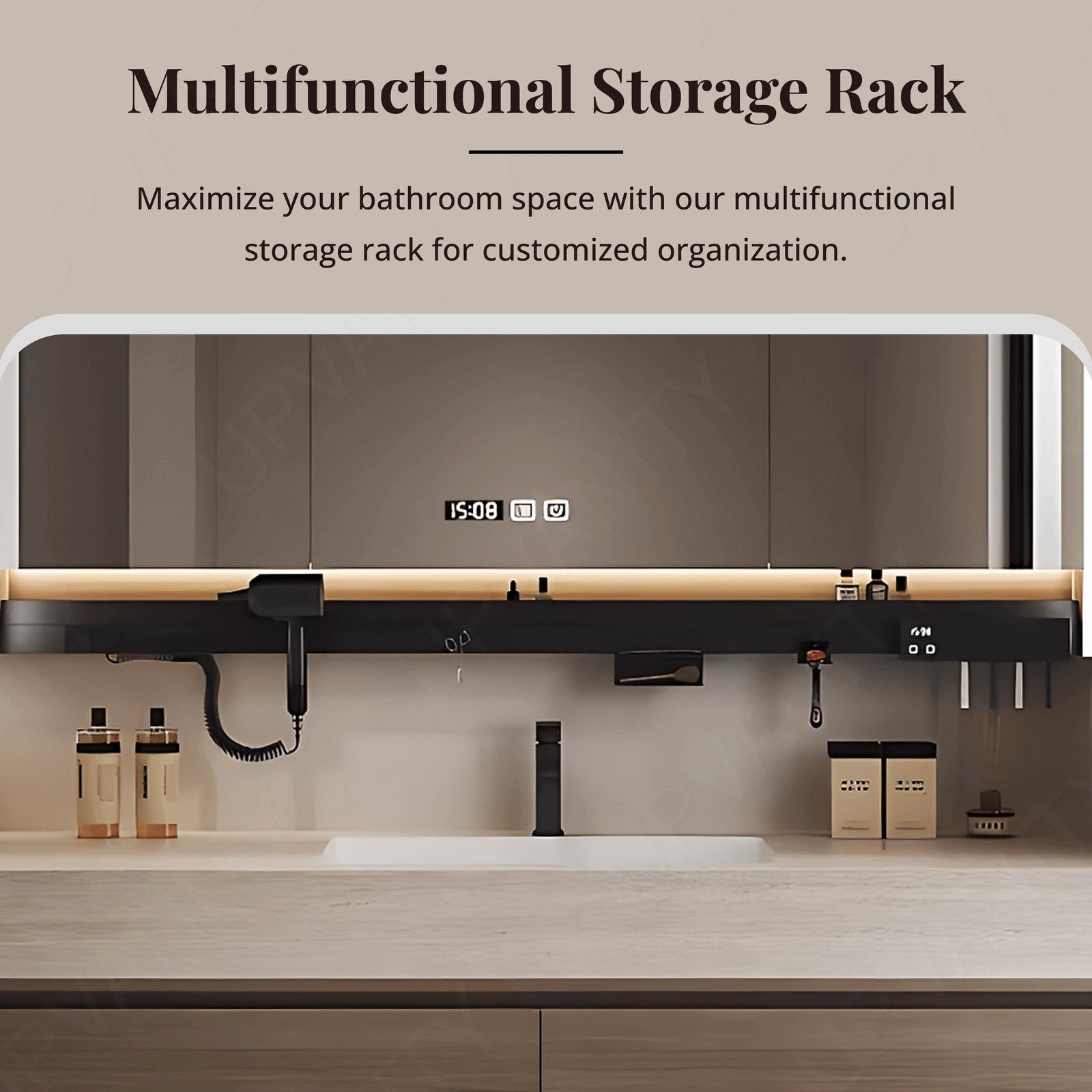 Modern Bath Vanity Set, Natural, White Slate Top, 40"- 72", Single, Floating, Smart LED Mirror, Rear Cabinet, Storage Rack