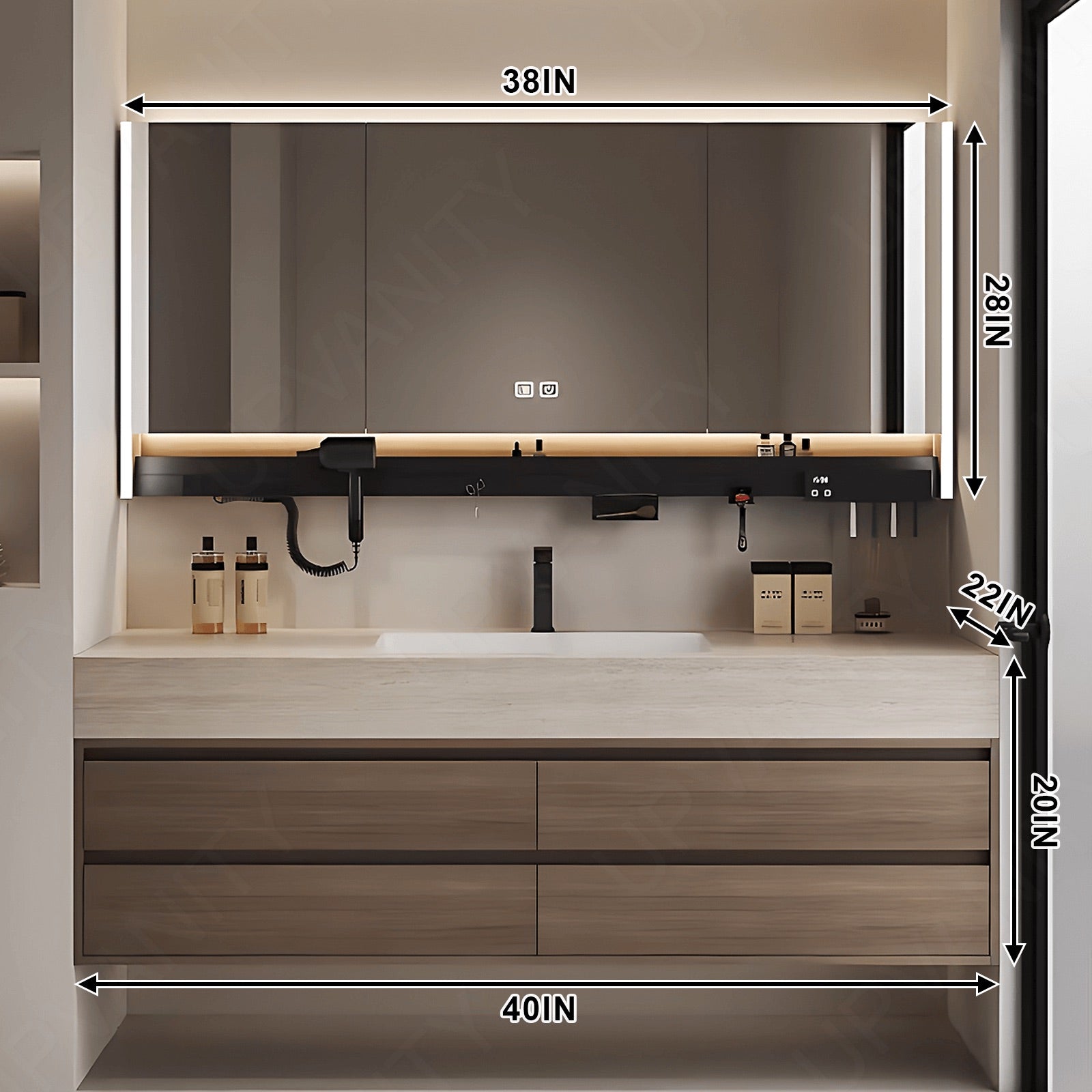 Modern Bath Vanity Set, Natural, White Slate Top, 40"- 72", Single, Floating, Smart LED Mirror, Rear Cabinet, Storage Rack