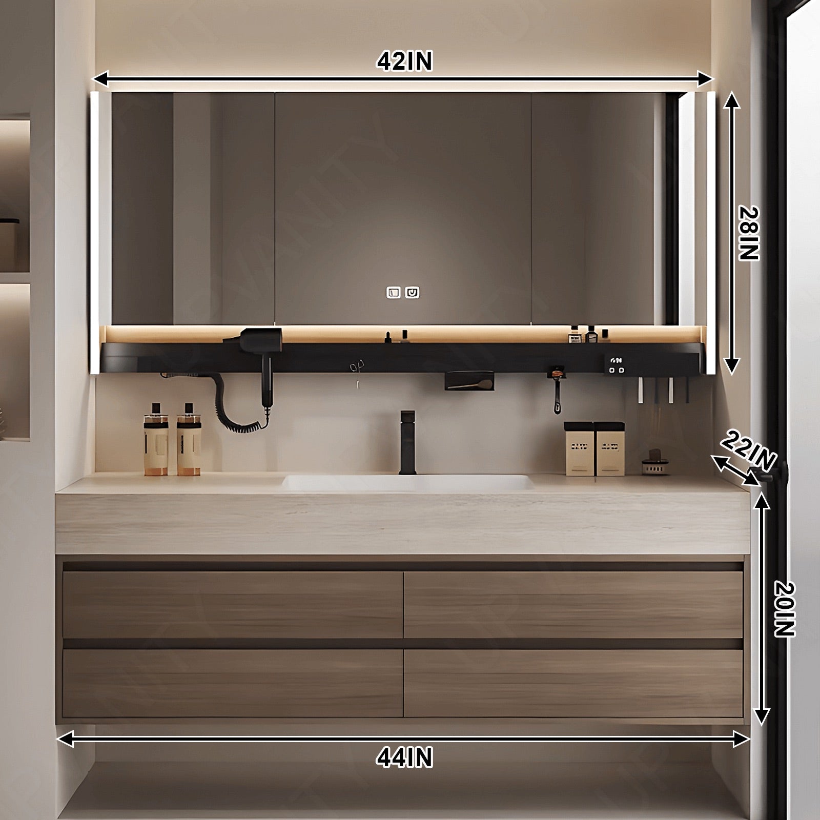 Modern Bath Vanity Set, Natural, White Slate Top, 40"- 72", Single, Floating, Smart LED Mirror, Rear Cabinet, Storage Rack