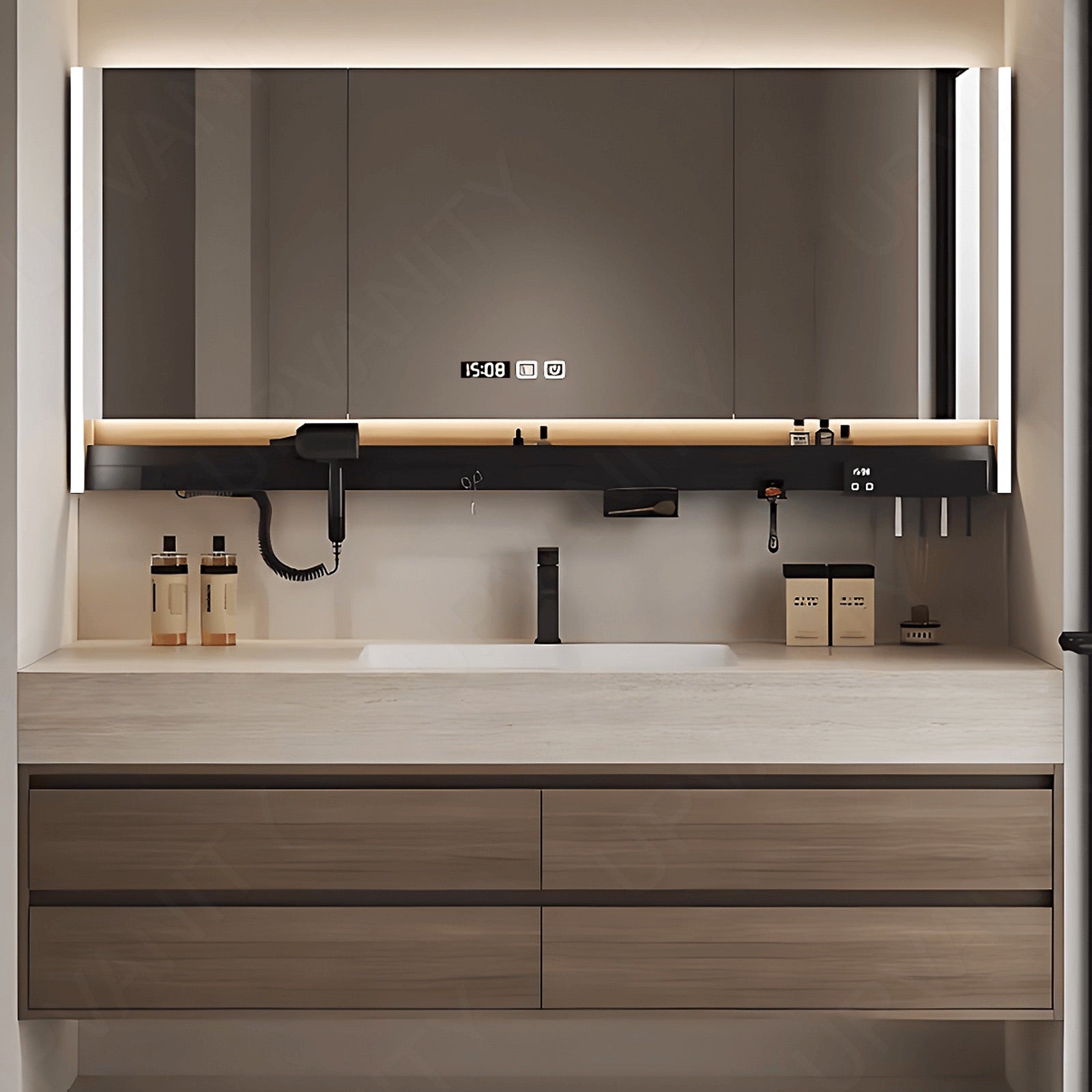 Modern Bath Vanity Set, Natural, White Slate Top, 40"- 72", Single, Floating, Smart LED Mirror, Rear Cabinet, Storage Rack
