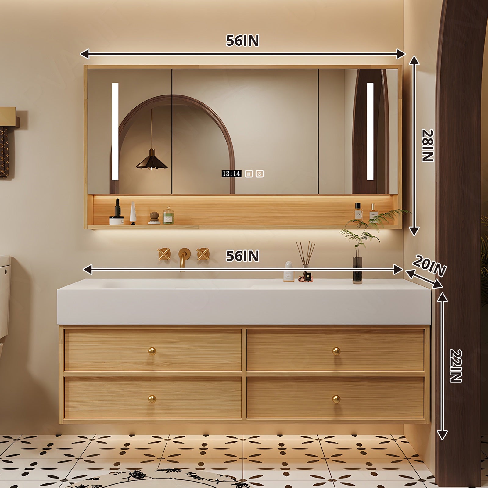 Modern Bath Vanity Set, Natural, White Slate Top, 44"-64", Single, Floating, Open Storage, Smart LED Mirror, Rear Cabinet