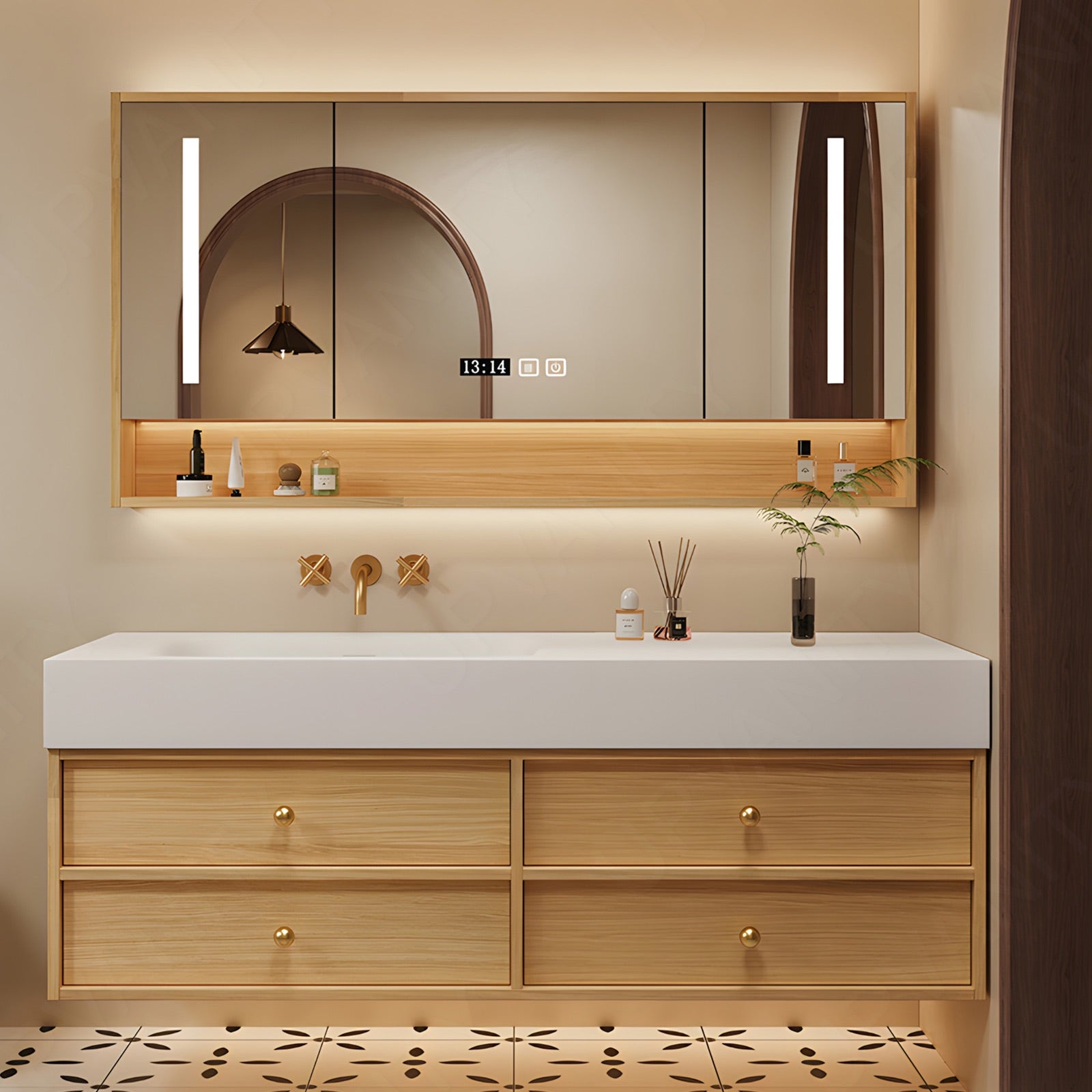Modern Bath Vanity Set, Natural, White Slate Top, 44"-64", Single, Floating, Open Storage, Smart LED Mirror, Rear Cabinet