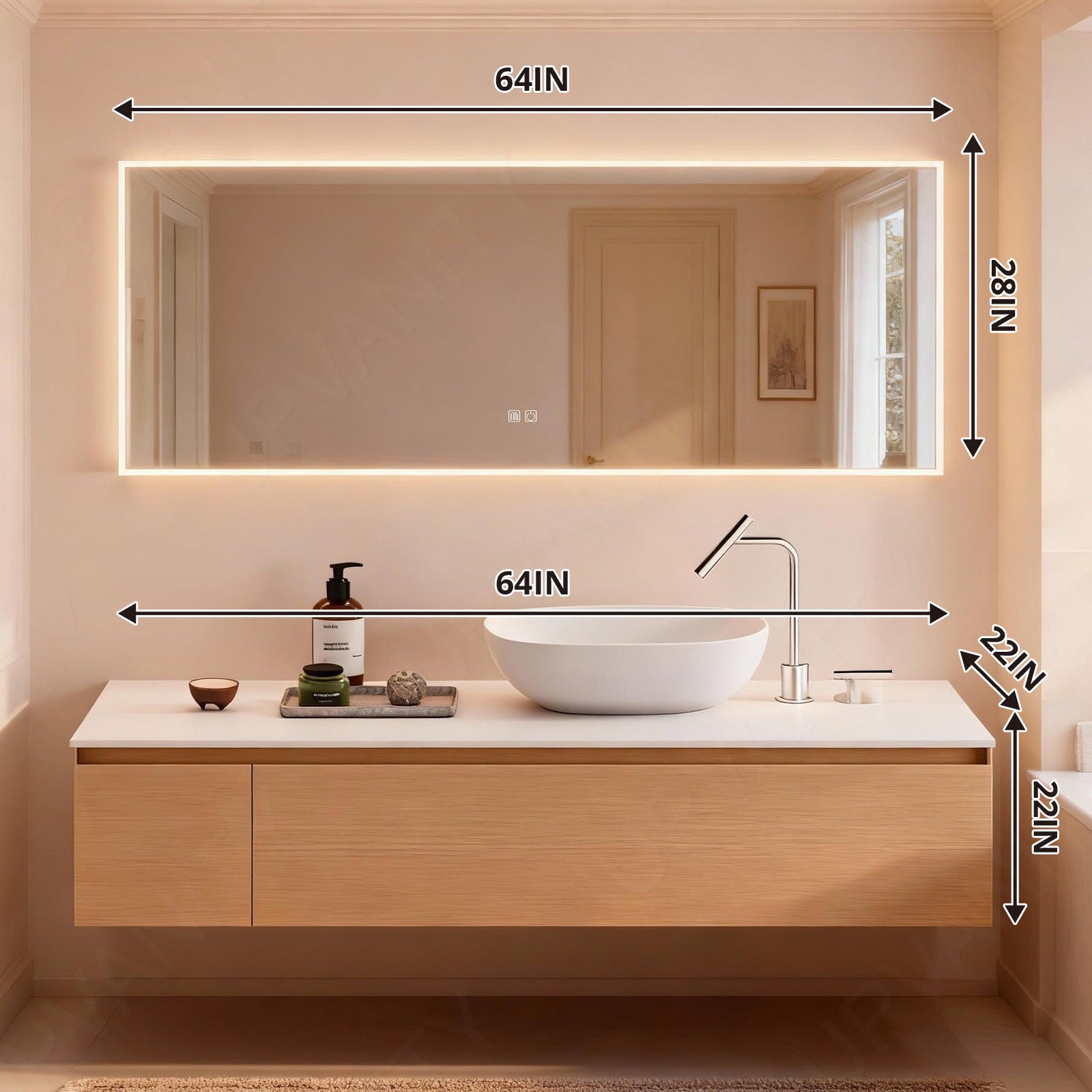 Modern Bath Vanity Set, Natural, White Slate Top, 44"-64", Single Vessel Sink, Floating, Spacious Storage, Smart LED Mirror