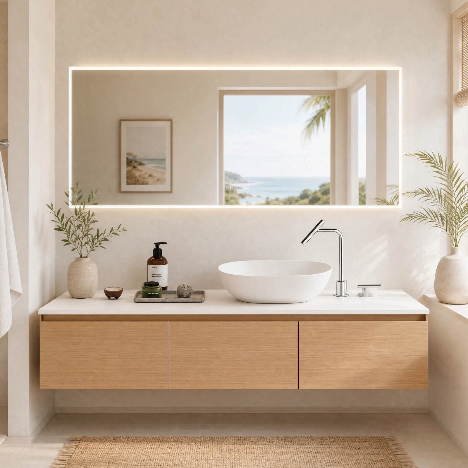 Modern Bath Vanity Set, Natural, White Slate Top, 44"-64", Single Vessel Sink, Floating, Spacious Storage, Smart LED Mirror