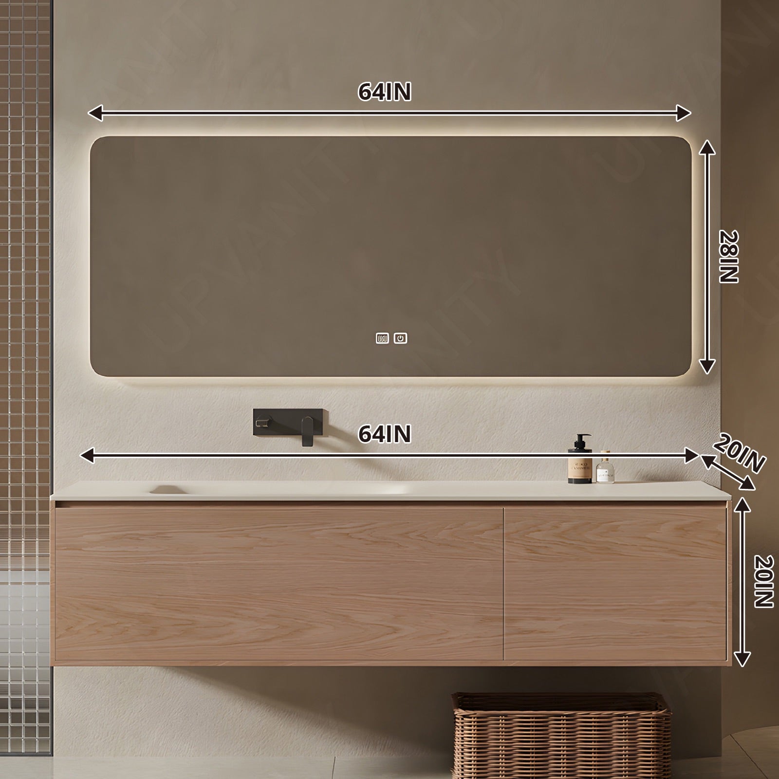 Modern Bath Vanity Set, Natural, White Slate Top, 48"-72", Single, Floating, Classic Panel, Smart LED Mirror