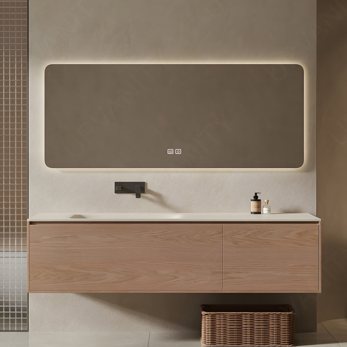 Modern Bath Vanity Set, Natural, White Slate Top, 48"-72", Single, Floating, Classic Panel, Smart LED Mirror
