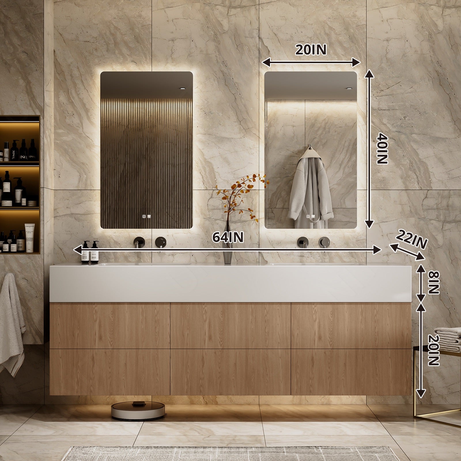 Modern Bath Vanity Set, Natural, White Slate Top, 52"-78", Double, Floating, Hidden Storage, Dual Smart LED Mirror