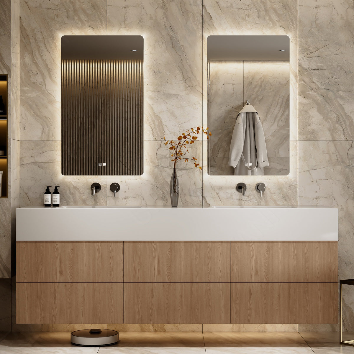 Modern Bath Vanity Set, Natural, White Slate Top, 52"-78", Double, Floating, Hidden Storage, Dual Smart LED Mirror