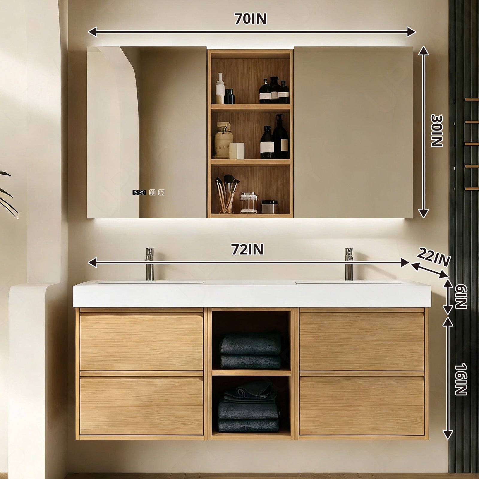 Modern Bath Vanity Set, Natural, White Slate Top, 56"-72", Open Storage, Single, Floating, Smart LED Mirror, Rear Cabinet