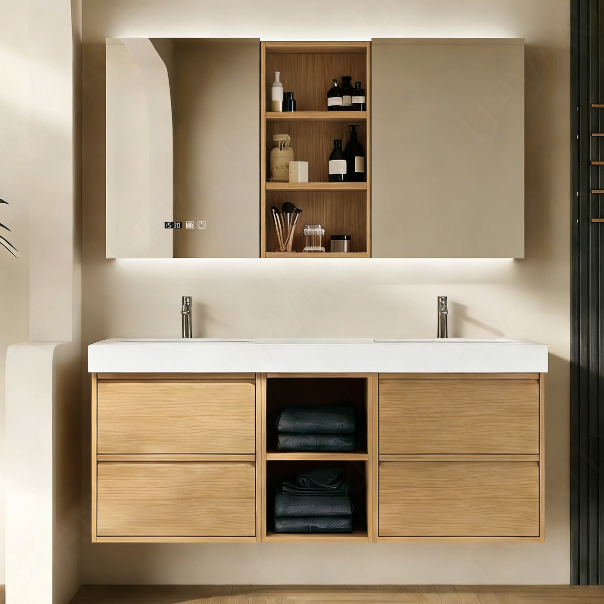 Modern Bath Vanity Set, Natural, White Slate Top, 56"-72", Open Storage, Single, Floating, Smart LED Mirror, Rear Cabinet