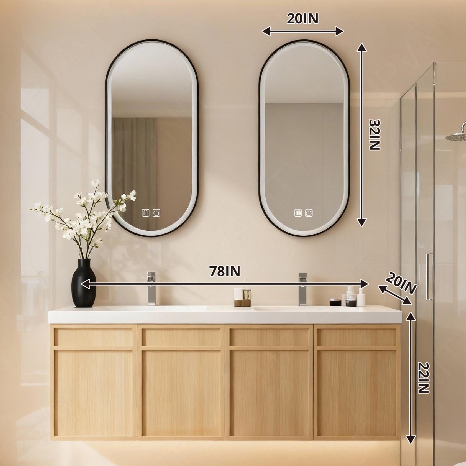 Modern Bath Vanity Set, Natural, White Slate Top, 56"-78", Double, Floating, Dual Oval Smart LED Mirror