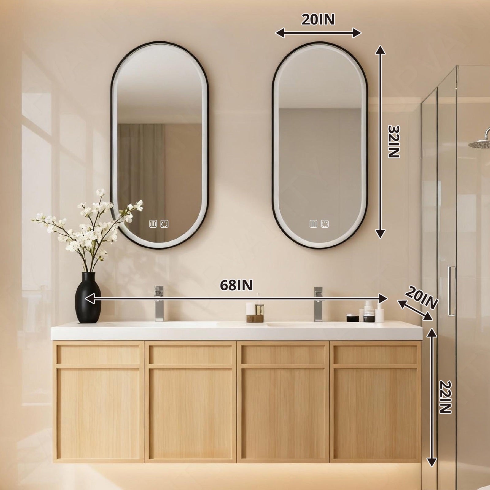 Modern Bath Vanity Set, Natural, White Slate Top, 56"-78", Double, Floating, Dual Oval Smart LED Mirror