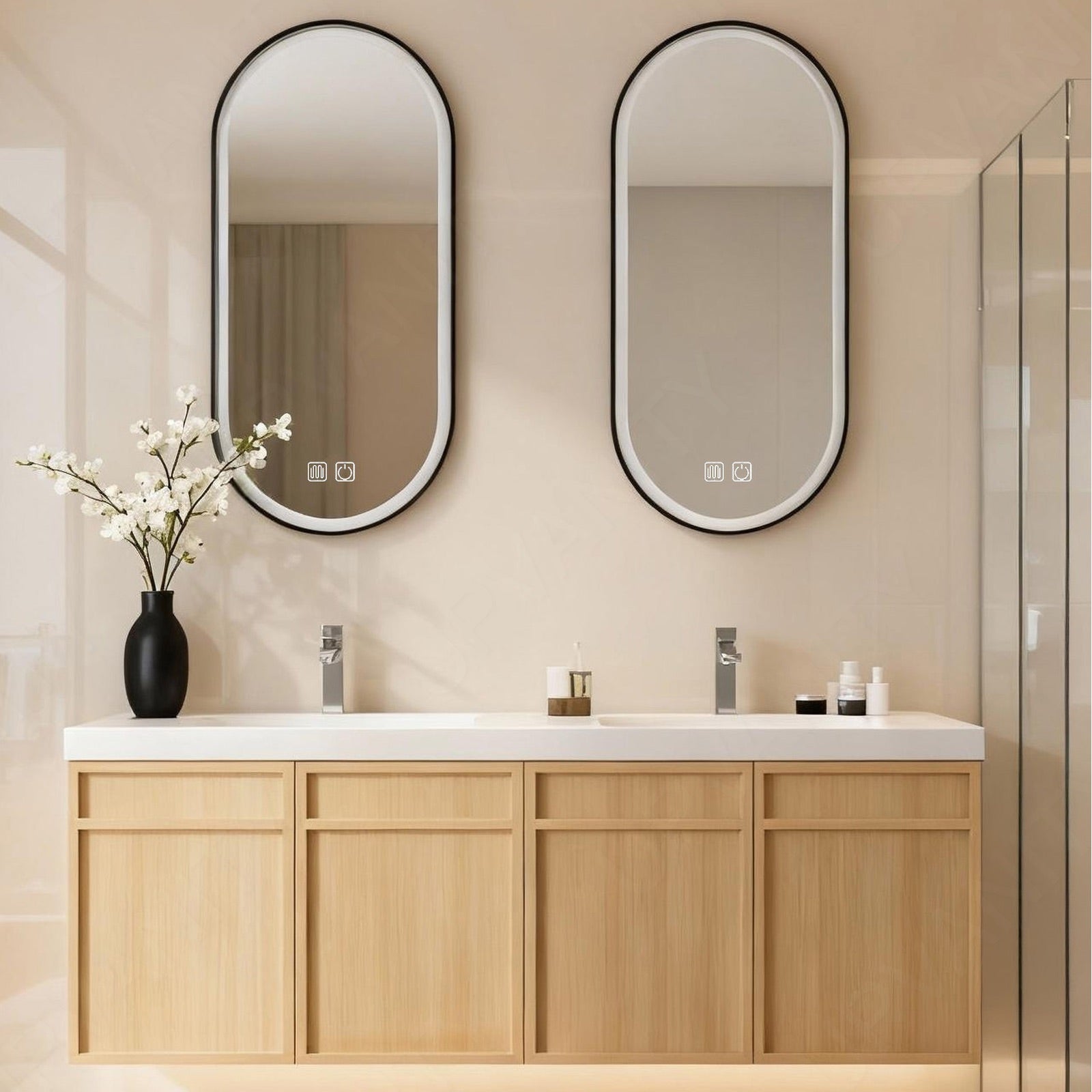Modern Bath Vanity Set, Natural, White Slate Top, 56"-78", Double, Floating, Dual Oval Smart LED Mirror