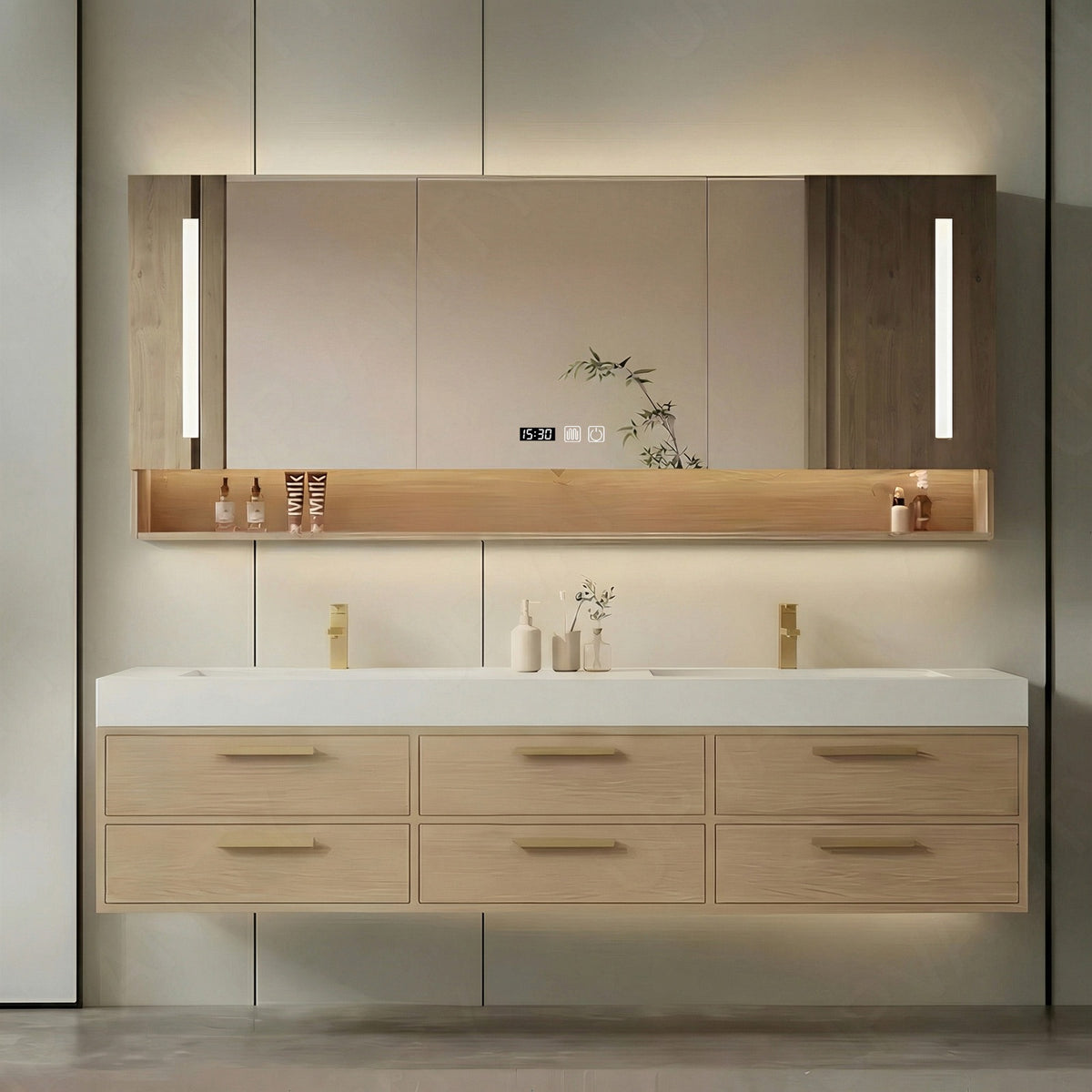 Modern Bath Vanity Set, Natural, White Slate Top, 56"-78", Double, Floating, Gold Accents, Smart LED Mirror, Rear Cabinet