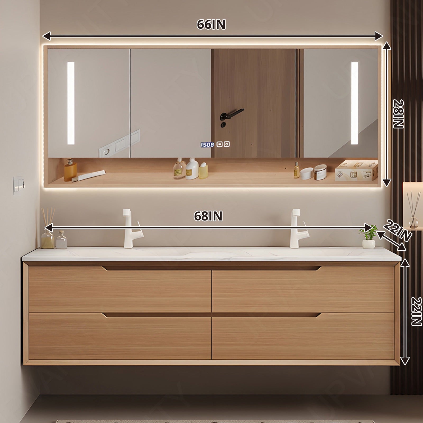 Modern Bath Vanity Set, Natural, White Slate Top, 56"-78", Double, Floating, Smart LED Mirror, Open Storage, Rear Cabinet