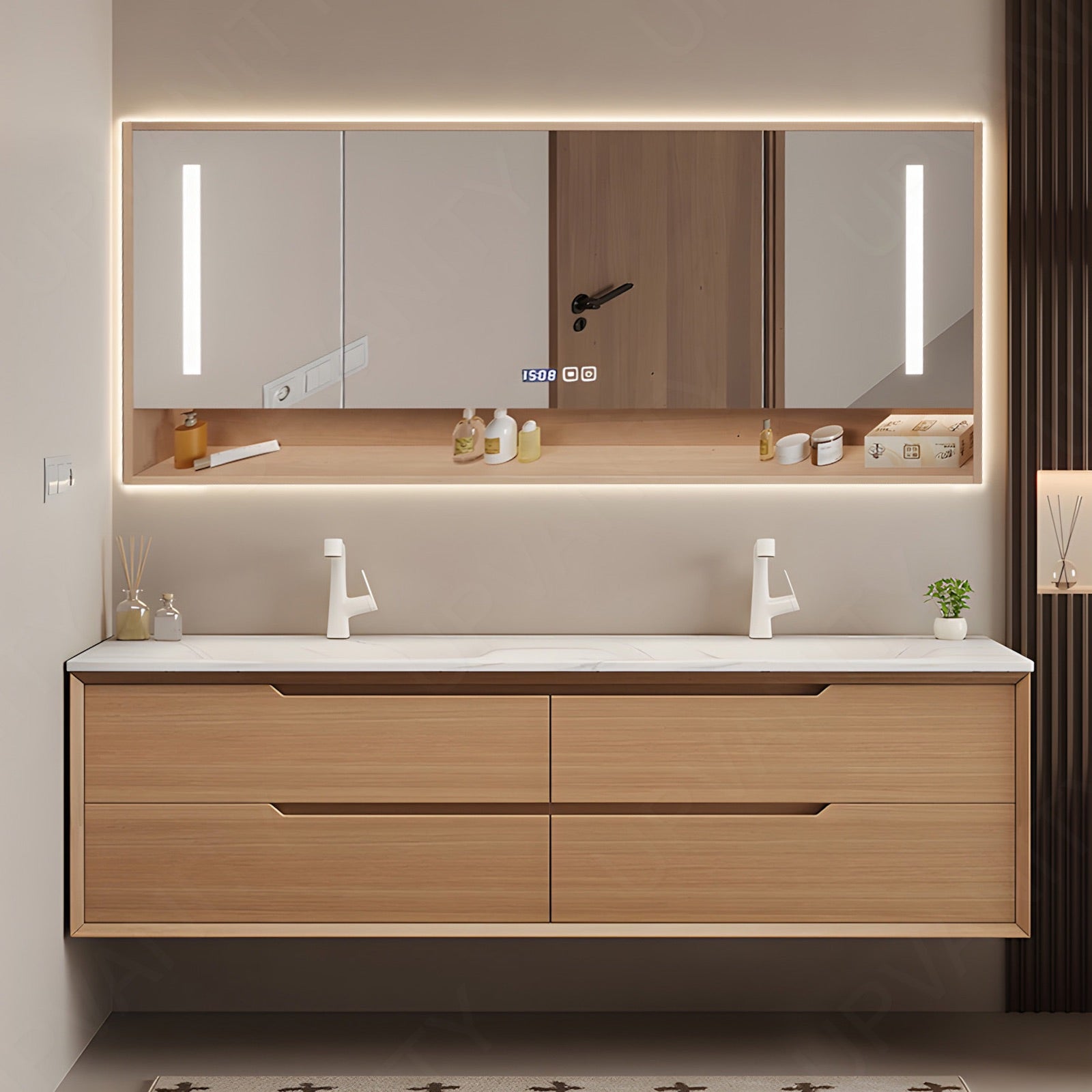Modern Bath Vanity Set, Natural, White Slate Top, 56"-78", Double, Floating, Smart LED Mirror, Open Storage, Rear Cabinet